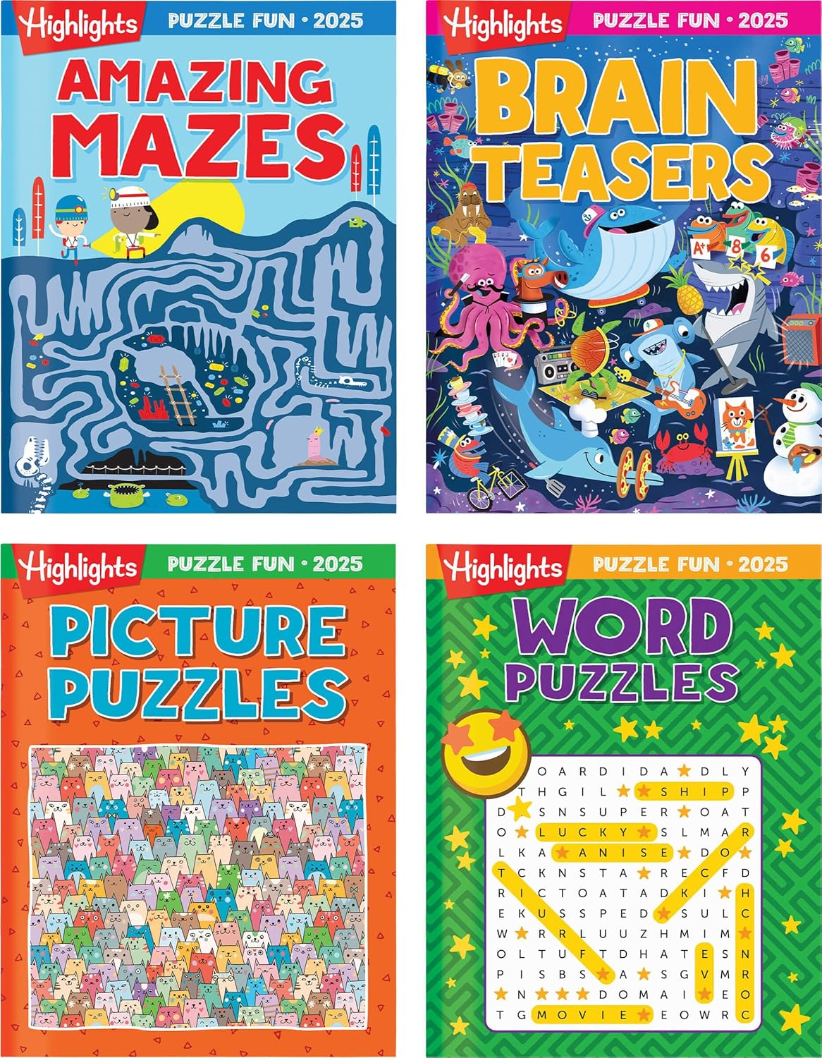 Highlights for Children Puzzle Fun 2025 Books for Kids Ages 6 and Up, 4-Book Set of Brain Teasers, Mazes, Word Puzzles and More Travel-Friendly Screen Free Kids Puzzles