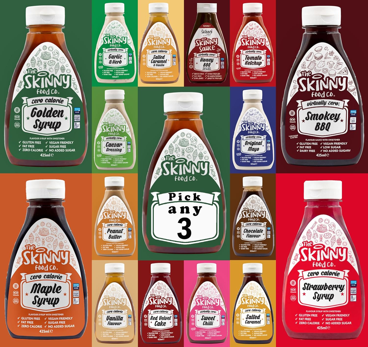 The Skinny Food Co. Sauces, Salad Dressings & Syrups Pick Any 3 Bottles - Gluten Free, Low Calorie, Sugar Free - 425ml