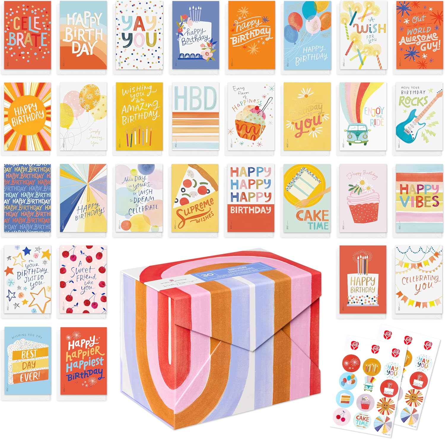 American Greetings 30-Count Birthday Card Assortment Box with Envelopes, Seals, and Storage Box (Kathy Davis Designs, Cake)
