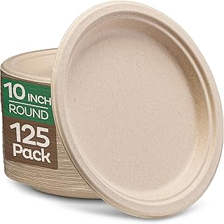 Paper Plates, 100% Compostable Heavy Duty Disposable 10 Inch Plate - [125-Pack] - {PFAS-Free} - {BPI Certified} Eco-Friendly, Biodegradable Bagasse