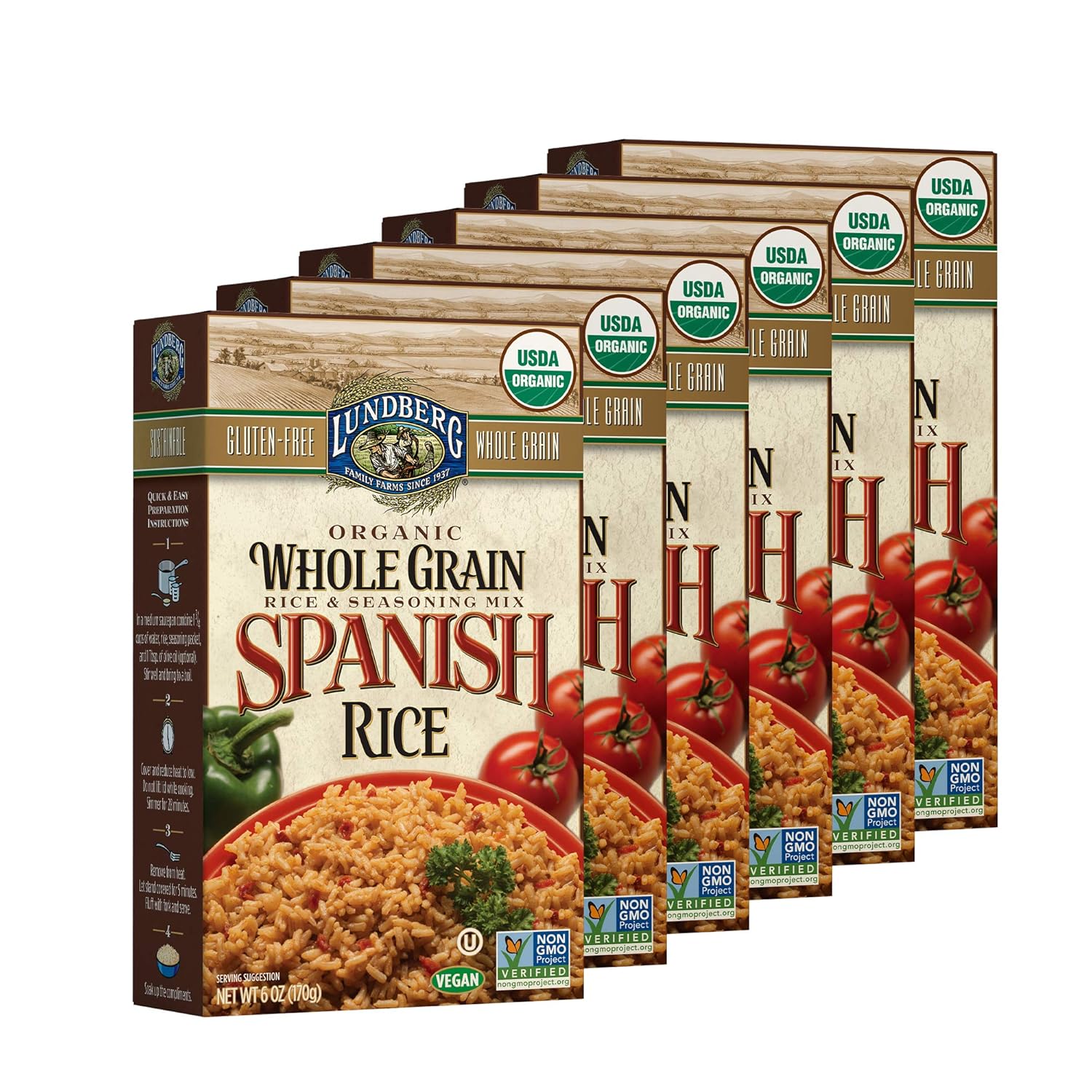 Lundberg Family Farms - Organic Whole Grain Spanish Rice, Zesty Blend, Side Dish, Pantry Staple, 100% Whole Grain, Non-GMO, Gluten-Free, USDA Certified Organic, Vegan, Kosher (6 oz, 6-Pack)