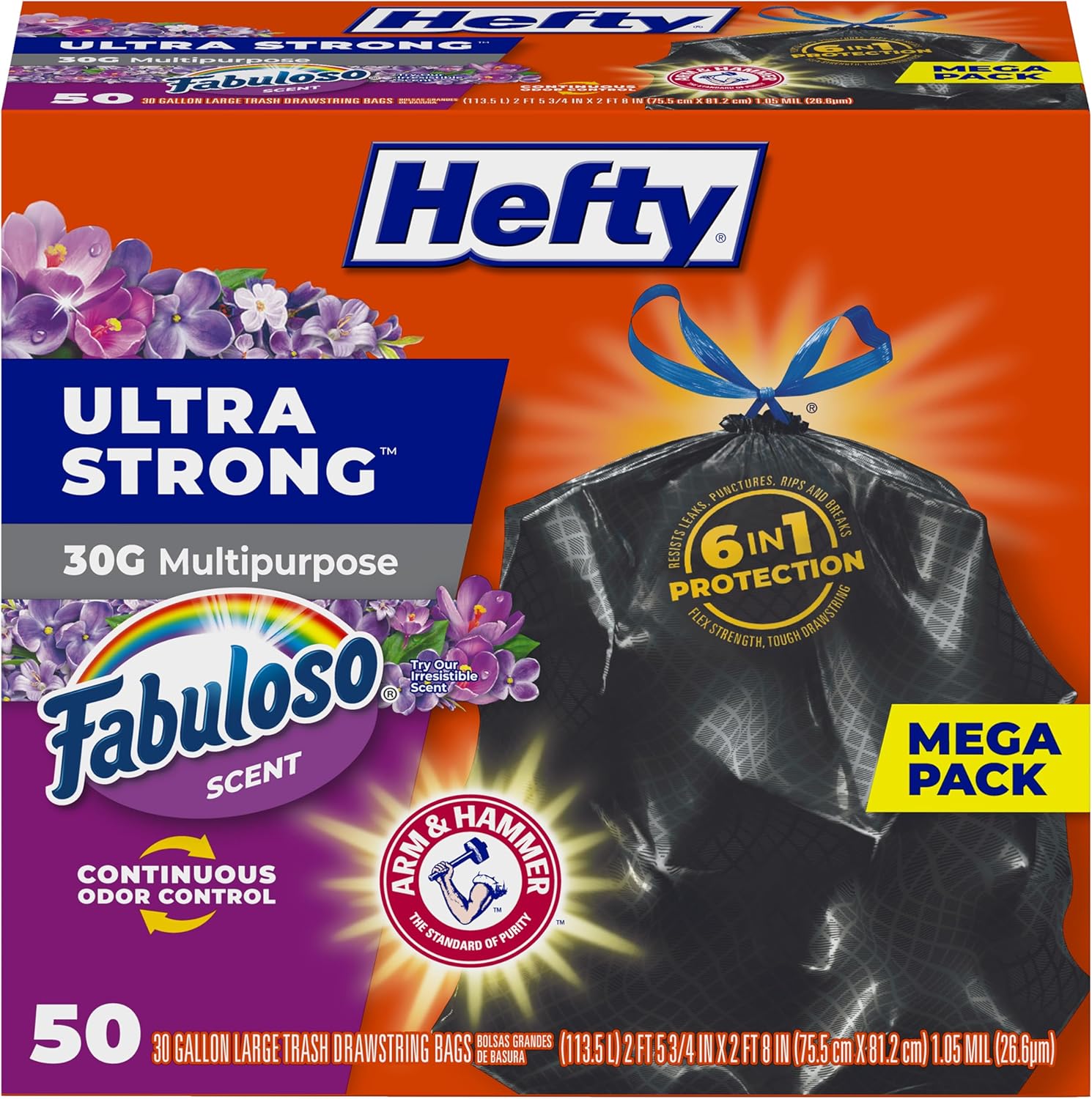 Hefty Ultra Strong 30 Gallon Trash Bags, Large Trash Bags 30 Gallon Size, Multipurpose, Break Resistant Drawstring Closure, Resists Leaks, Punctures, and Tears, Black, Fabuloso Scent, 50 Bags