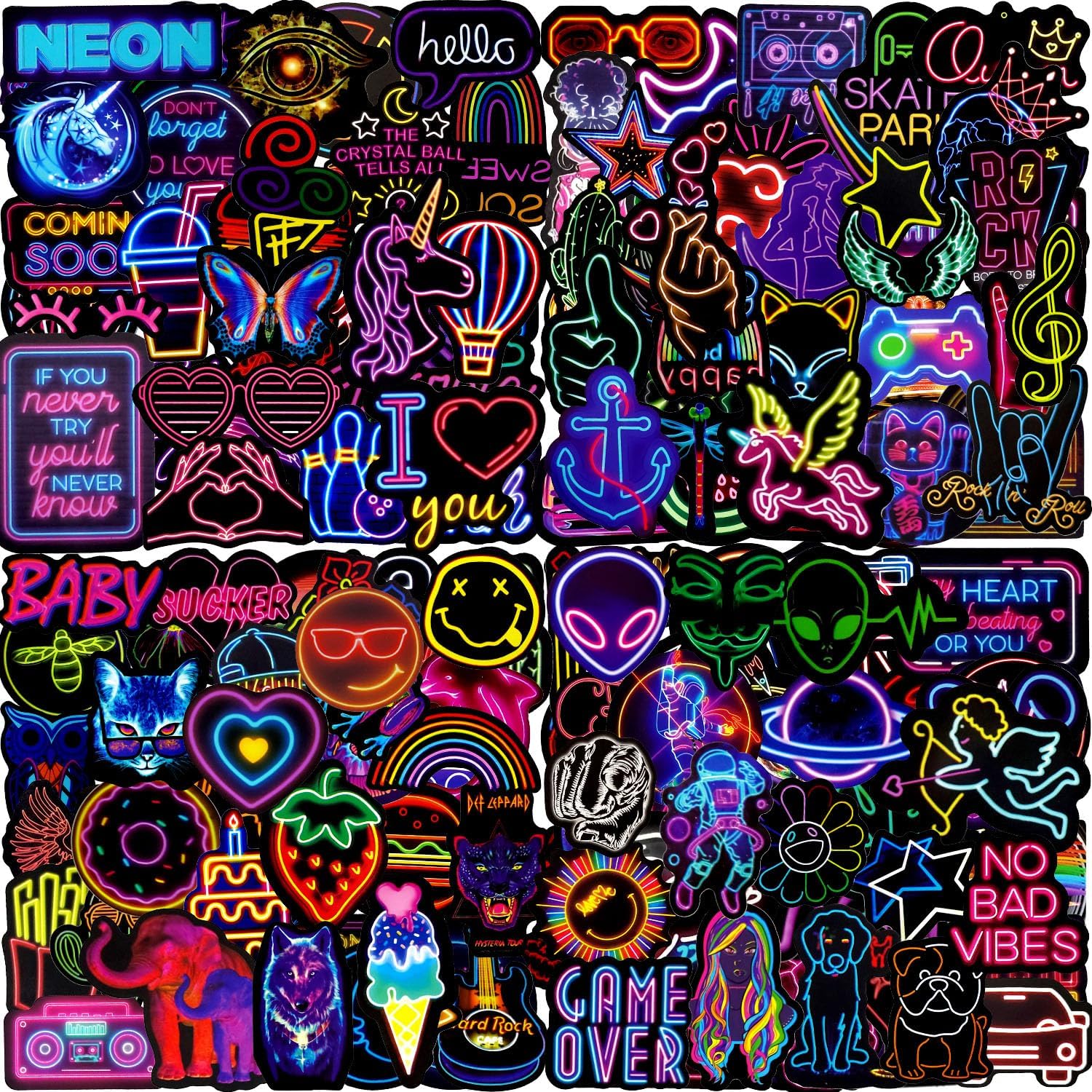 Water Bottle Stickers 200 Pcs Cool Neon Sticker Packs, Prizes for Kids Classroom Reward, Waterproof Vinyl Stickers for Water Bottles Laptop Skateboard Scrapbooking Journaling Notesbook Luggage etc