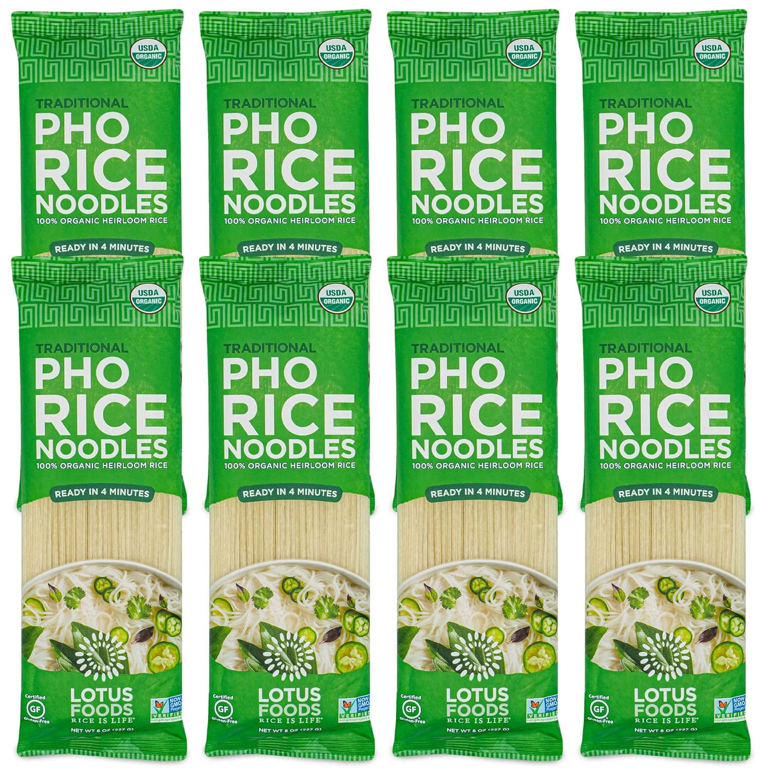 Lotus Foods Organic Traditional Pho Rice Noodles - Gluten Free Pho Noodles, Organic Rice Noodles, Vietnamese Pho Rice Noodles, GF, Vegan, USDA Organic - 8 Oz (Pack of 8)