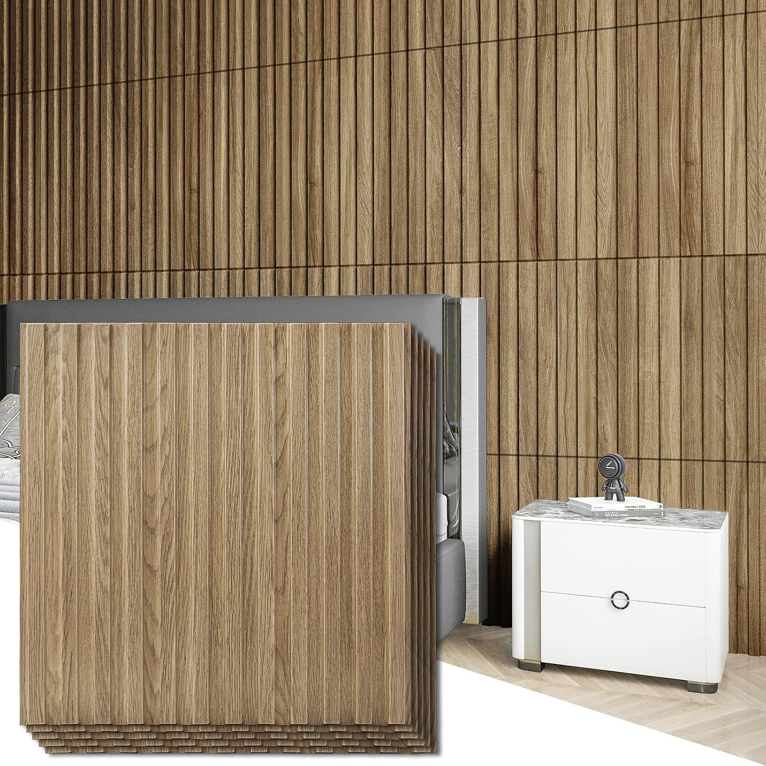 Art3d 3D Fluted Textured Slat Wall Panels, 19.7 x 19.7 in, 12-Pack, Walnut
