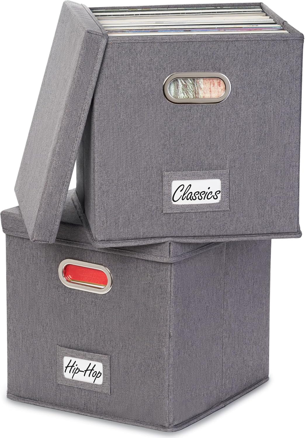 ZICOTO Decorative Vinyl Record Storage Box for 50+ Single Records - Sturdy and Easy to Carry LP Holder with Lid - The Perfect Storage Crate for Your Valuable Album Collection