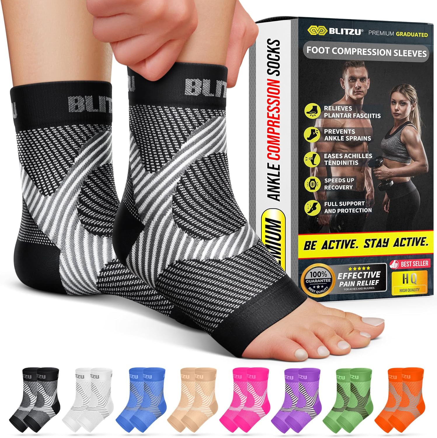Compression Socks for Plantar Fasciitis, Achilles Tendonitis, Arthritis Relief, Ankle Brace Compression Sleeve with Foot Arch Support, Ankle Wrap for Women, Men, Swelling & Heel Pain Black L-XL