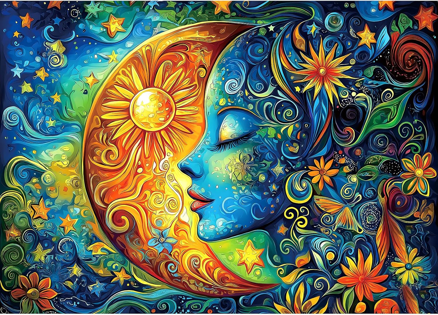Moon Puzzles for Adults 1000 Pieces Blue Girl Face Art Flowers Puzzle for Adults Jigsaw Puzzles 1000 Pieces with Letters on Back Hard Impossible Difficult challenging Family Puzzle (27.5"x19.6")