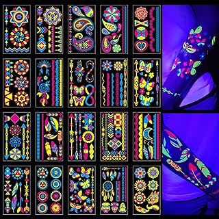 20Sheet Glow in The Dark Temporary Tattoos 160+Styles Aldult Fluorescence UV Neon Body Face Fake Waterproof Tattoo Stickers for Women Men,Rave Festival Accessory Party Supplies