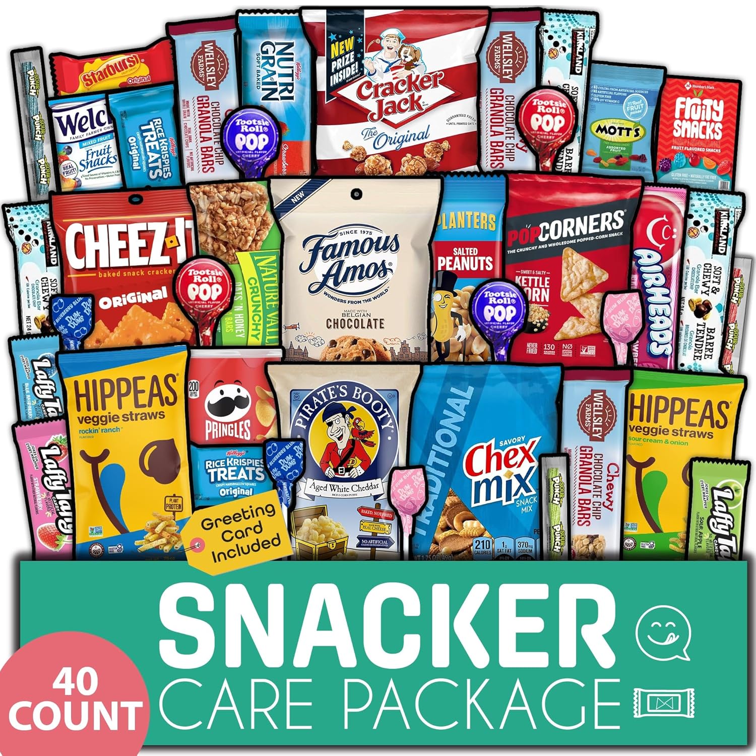 Gift A Snack - Snack Box Variety Pack Care Package + Greeting Card (40 Count) Birthday Sweet Treats Gift Basket, Candies Chips Crackers Bars