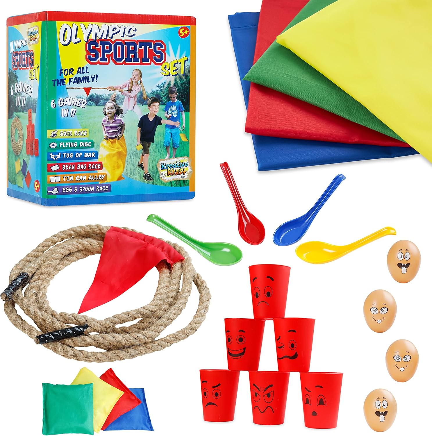 Outdoor Games for Kids and Adults 6 in 1 or 3 in 1, PE Sports Day Sack Race Flying Disc Tug of War Throwing Bean Bags Tin Can Alley Egg and Spoon Race Ring Toss