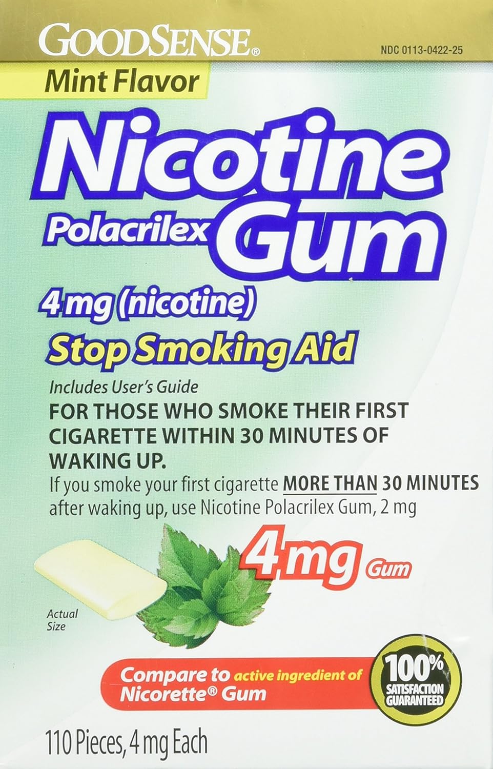 GoodSense Nicotine Polacrilex Uncoated Gum 4 mg (nicotine), Mint Flavor, Stop Smoking Aid; quit smoking with nicotine gum, 110 Count