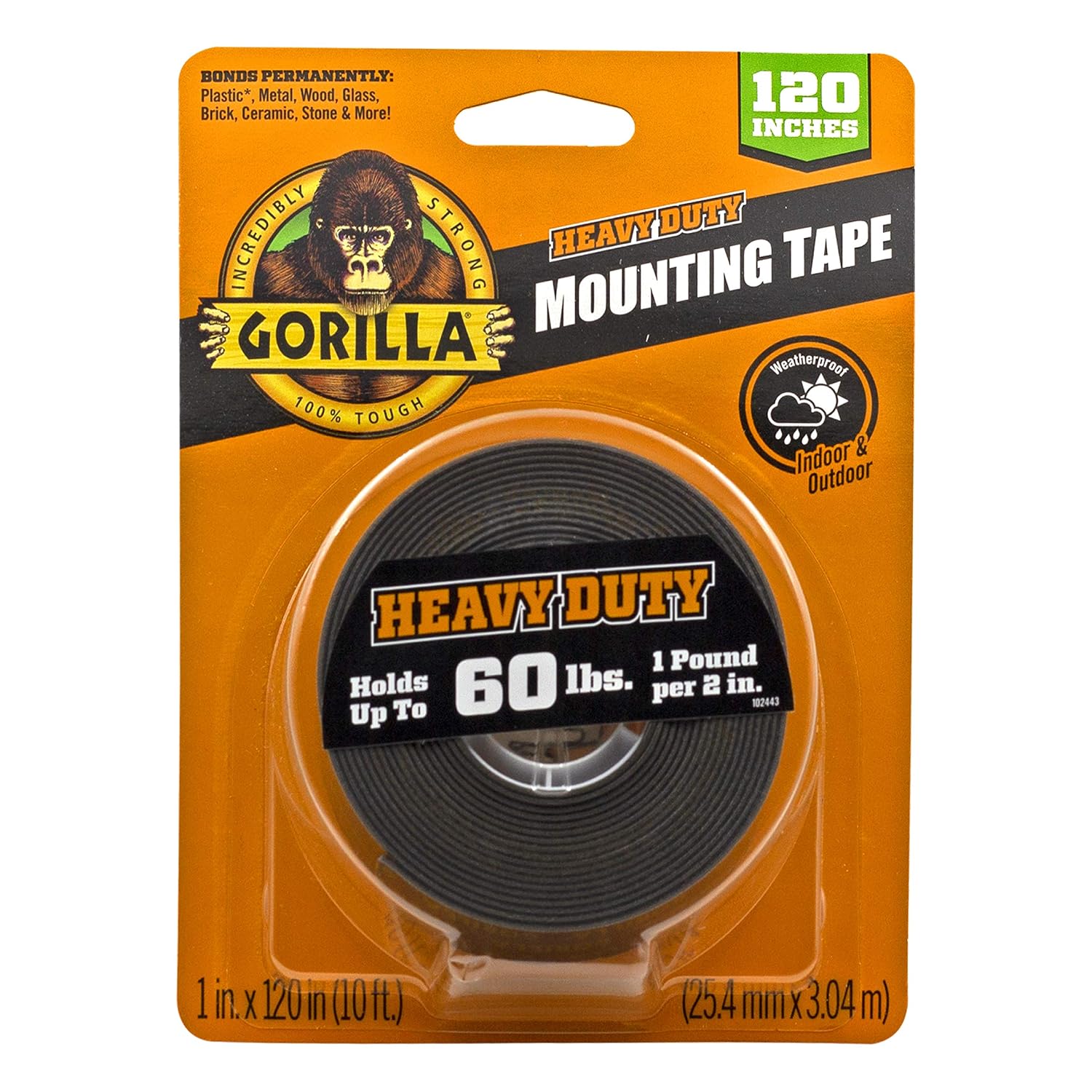Gorilla Heavy Duty, Extra Long Double Sided Mounting Tape, 1" x 120", Black, (Pack of 1)