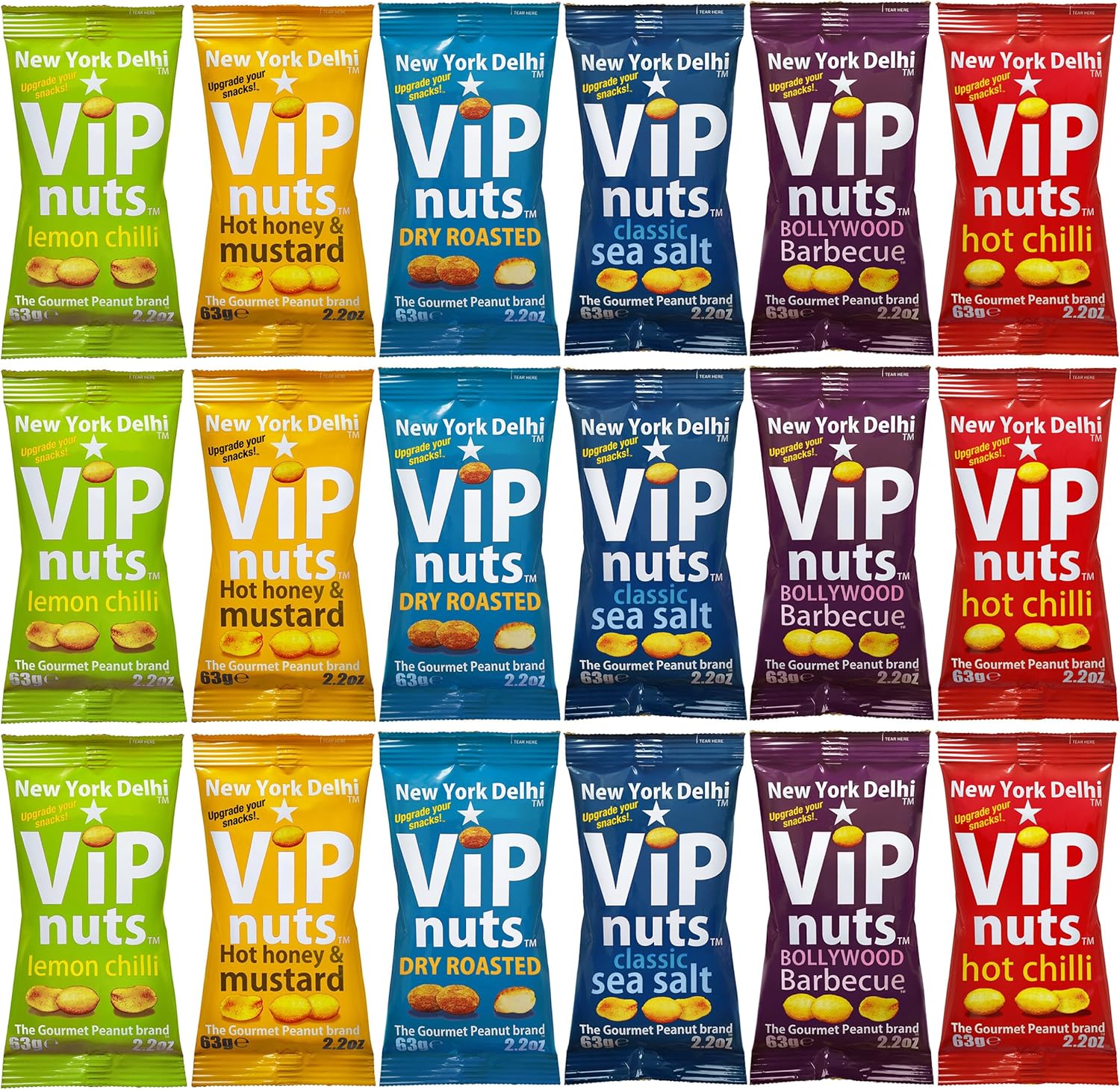 New York Delhi ViPnuts, Selection Box (18 x 63g) 6 to 7 Flavours, Hot chilli, Lemon, BBQ, Honey & Mustard, Cheese & Onion, Classic, Dry Roasted Flavoured Peanut, High Protein. 18 assorted Packs