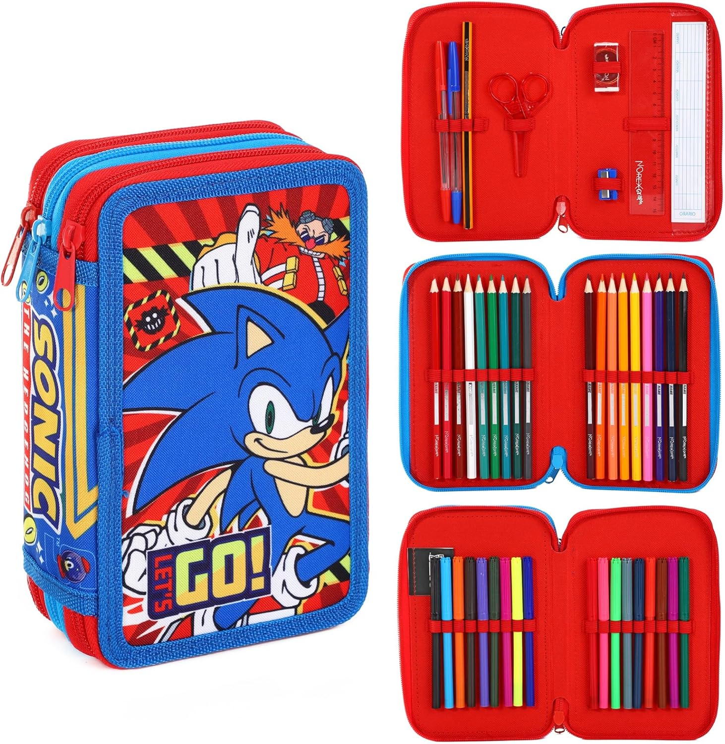Sonic Filled Pencil Case Full Stationery School Supplies Set for Kids 3 Tier with Pens, Pencils & Markers Sonic The Hedgehog Boys Character Theme Set