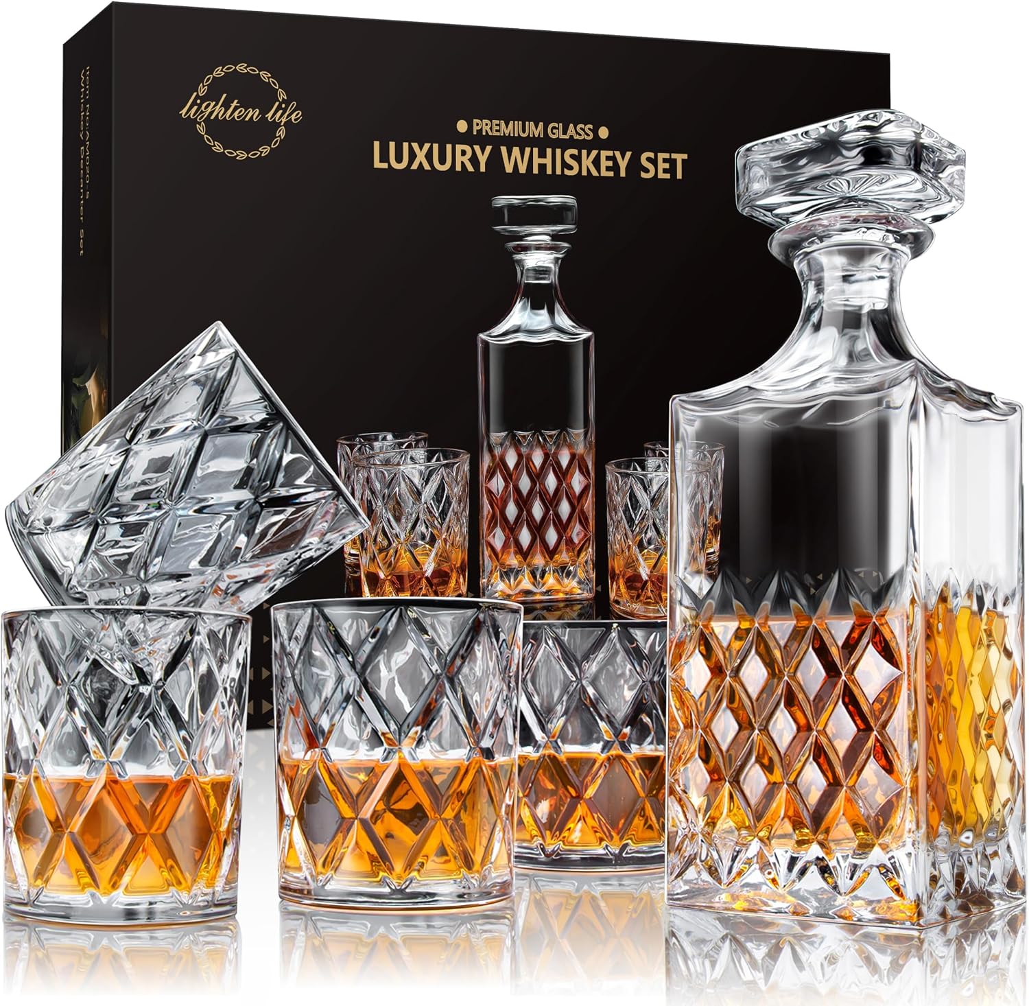 LIGHTEN LIFE Whiskey Decanter Set, Italian Crystal Decanter with 4 Whiskey Glasses in Gift Box - Bourbon Decanter for Scotch, Liquor - Birthday, Anniversary Bourbon Gifts for Men, Dad, Husband