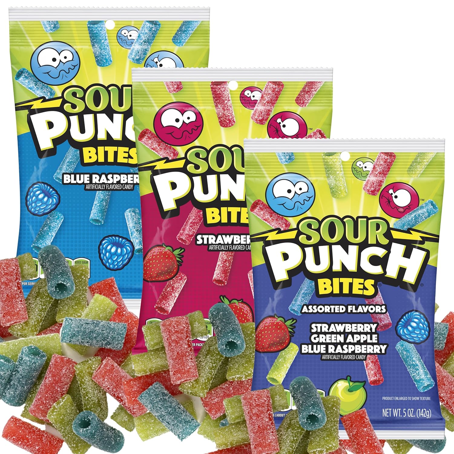 Sour Punch Bites, 5 Ounce Bags (Pack of 3), Strawberry, Blue Raspberry & Assorted Flavors Bags, The Hampton Popcorn & Candy Company