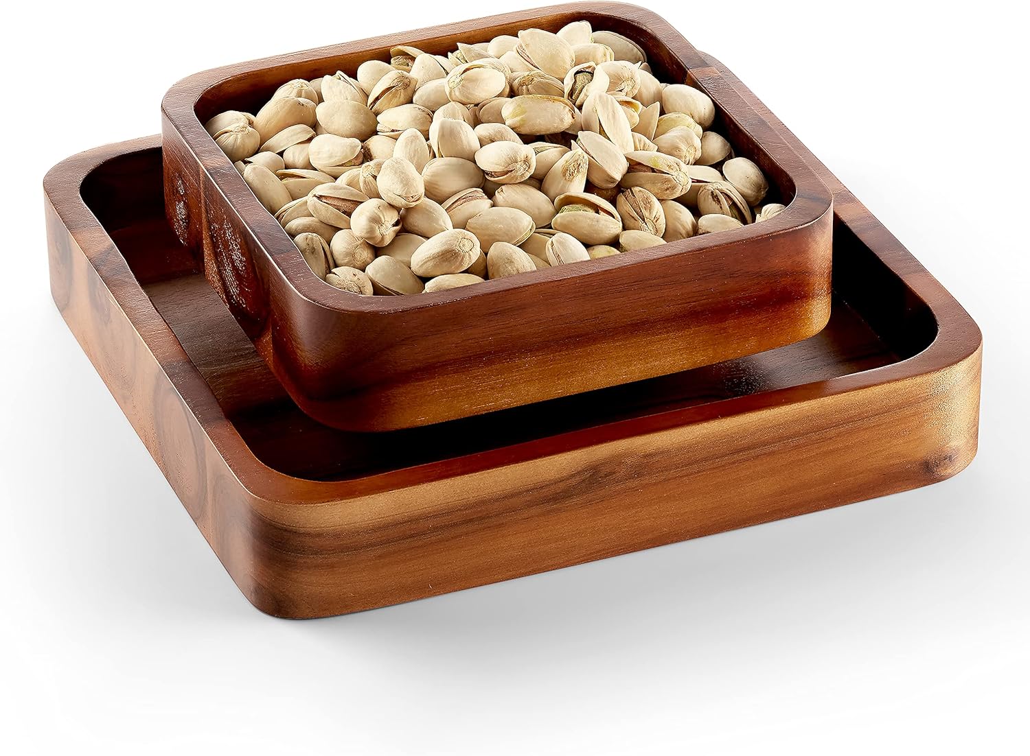 Wood Pistachio Snack Bowl with Shell Storage, Double Dish Holder Nut Bowl Pedestal for Sunflower Seed, Peanut, Cherries, Edamame (Brown)