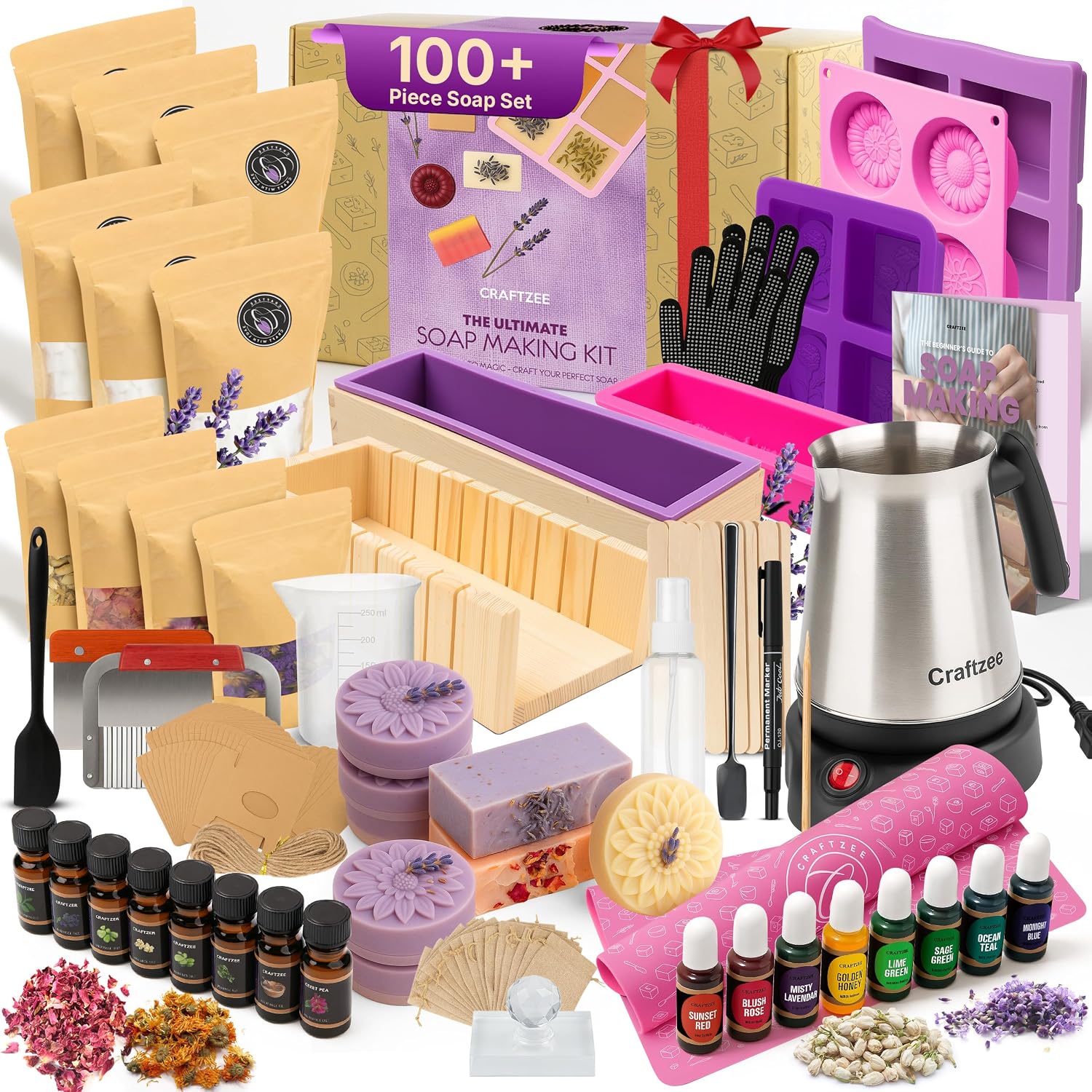 CraftZee π¦π¨π£ππ₯ ππππ¨π«π Soap Making Kit - All-in-One Soap Making Supplies with 6lbs Soap Base, 8 Dyes, 8 Essential Oils, Silicone Molds, Cutters, All Essential Tools & Instructions