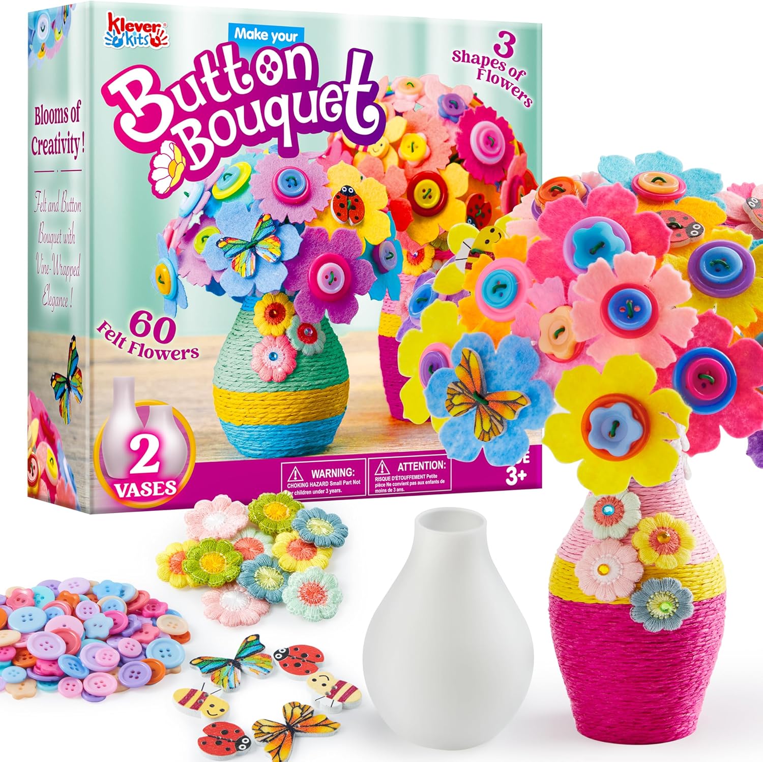 Klever Kits Button Flower Craft with 2 Vases - Make Your Own Flower Bouquet with Button and Felt - DIY Kits Art and Crafts Gift for Birthday