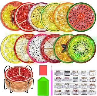 Billbotk 12 Pieces Diamond Art Painting Coasters Kit with Holder, Diamond Art Coasters, DIY Diamond Crafts Projects, Diamond Dot Kits for Adults and Beginners(Fruit Style)