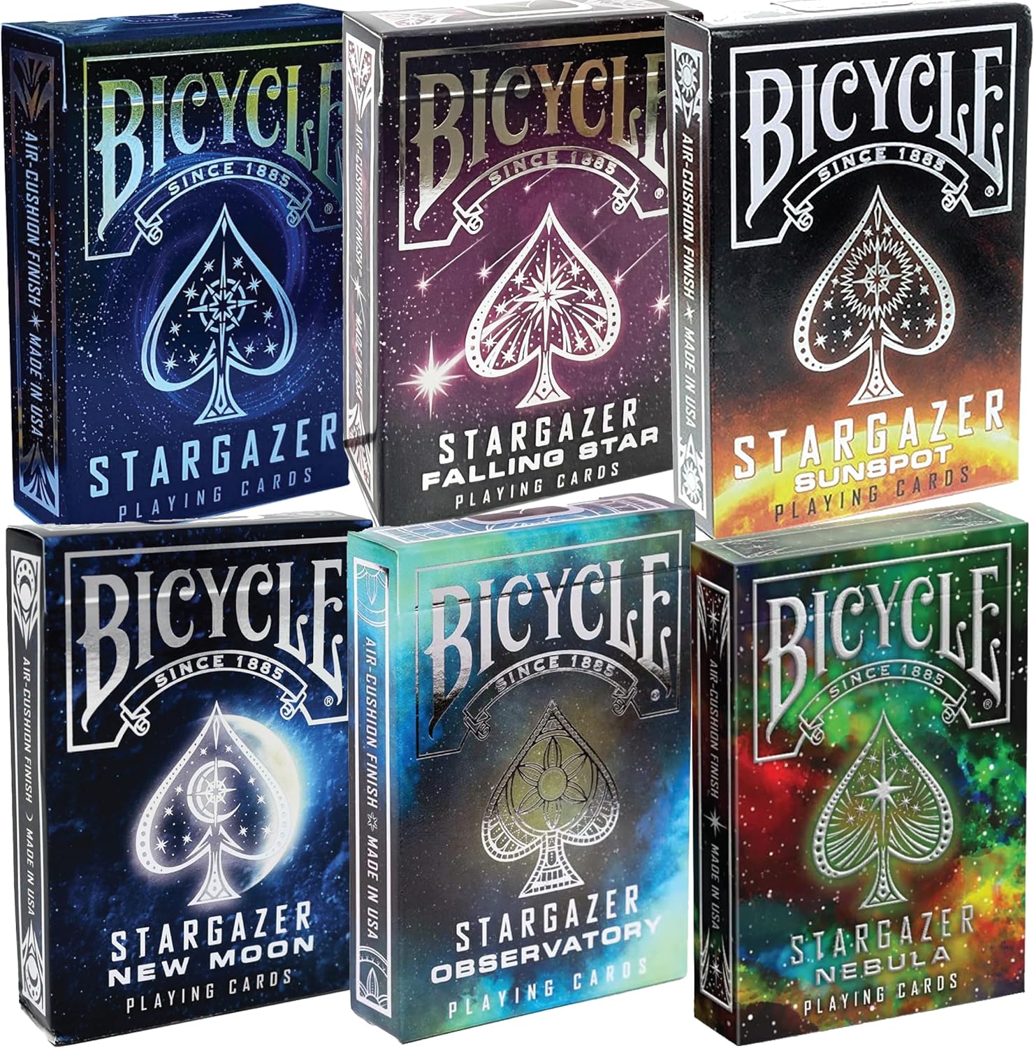 Bicycle Stargazer Collection: 6-Deck Collector's Bundle with New Moon, Observatory, Nebula, Sunspot, and Falling Star Designs