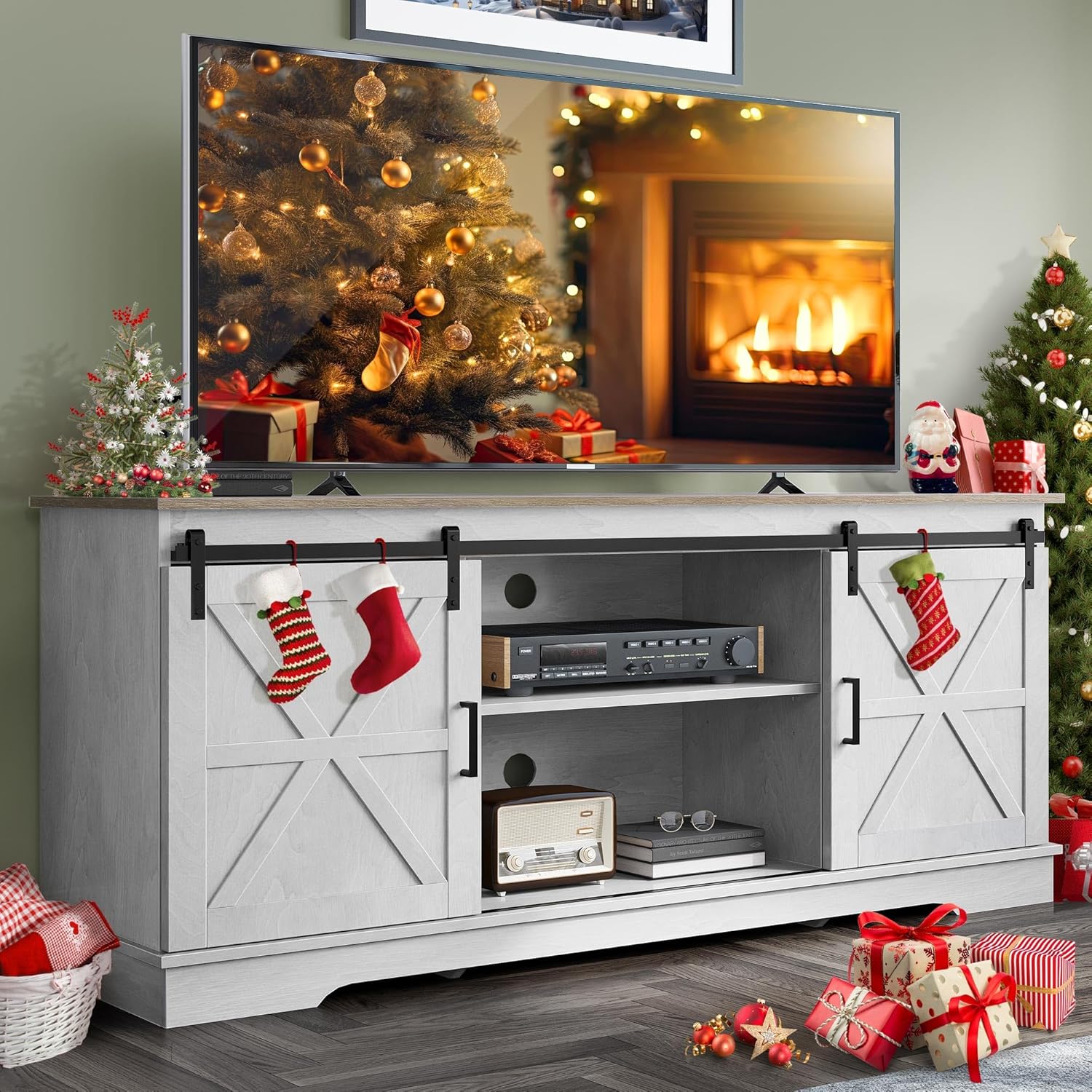 YITAHOME Farmhouse TV Stand for 65/60/55 Inch, Modern Entertainment Center with Sliding Barn Door, Wood TV Media Console Storage TV Cabinet for Living Room for 300lbs, Grey White & Grey Wash