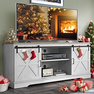 YITAHOME Farmhouse TV Stand for 65/60/55 Inch, Modern Entertainment Center with Sliding Barn Door, Wood TV Media Console Storage TV Cabinet for Living Room for 300lbs, Grey White & Grey Wash