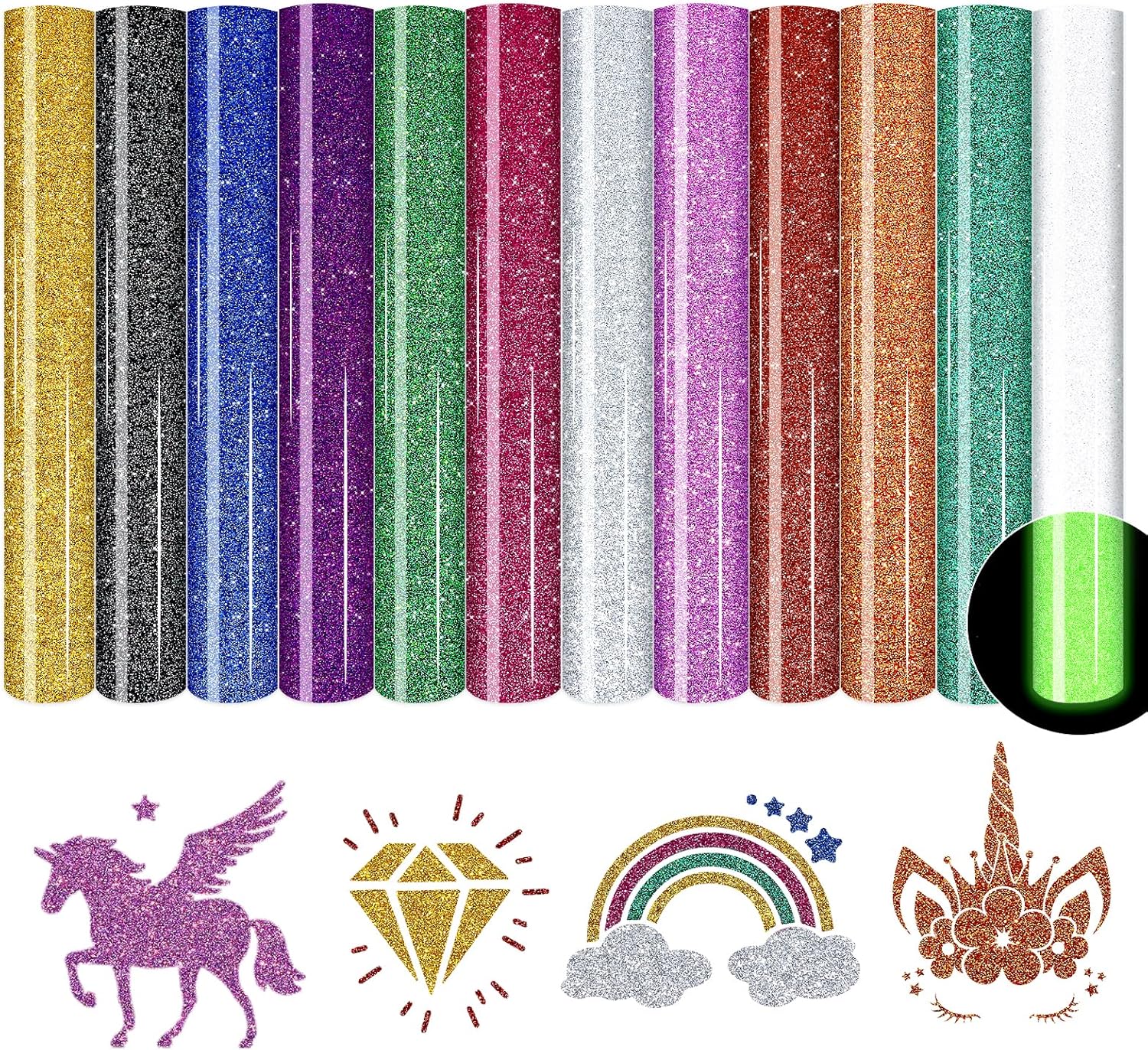 Glitter HTV Vinyl - 12pcs 12'' x 10''Glitter Iron on Vinyl Glitter HTV Heat Transfer Vinyl White/Red/Blue/Silver/Gold Glitter Heat Transfer Vinyl