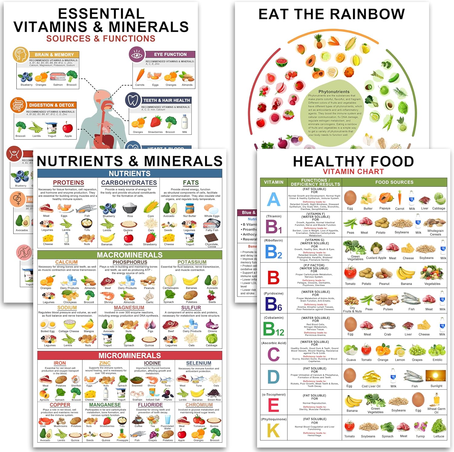 4 Pcs Vitamin And Mineral Chart 11"X17" - Healthy Food Chart, Rich Nutrition Poster, Food Protein Chart, Vitamin Chart Laminated for Classroom, Nutrient Density Chart - Chart Vertical Poster Unframed