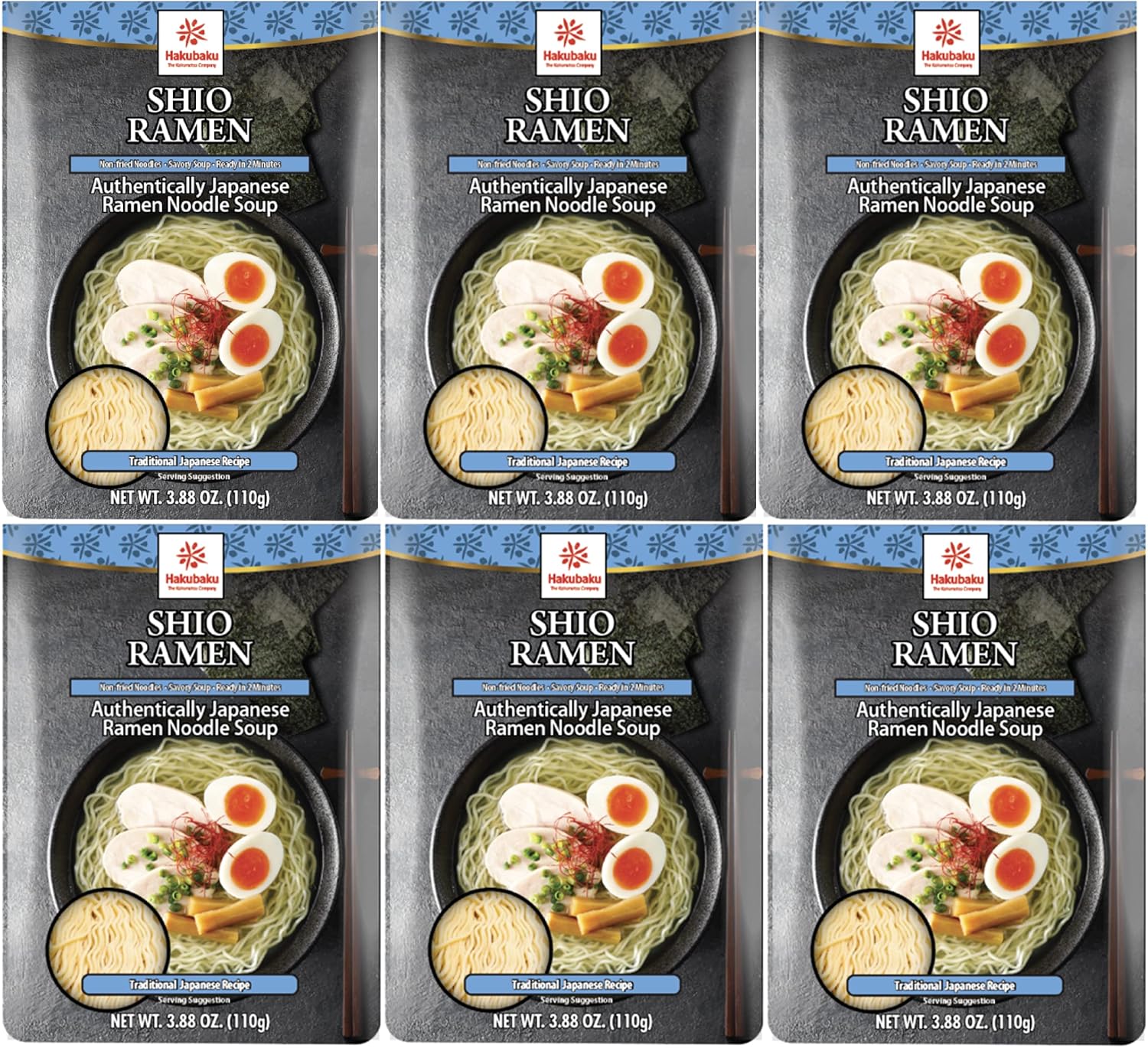 Hakubaku Shio Ramen Noodle Soup, Non-Fried Soft Noodles, 3.88 oz, 6 Pack