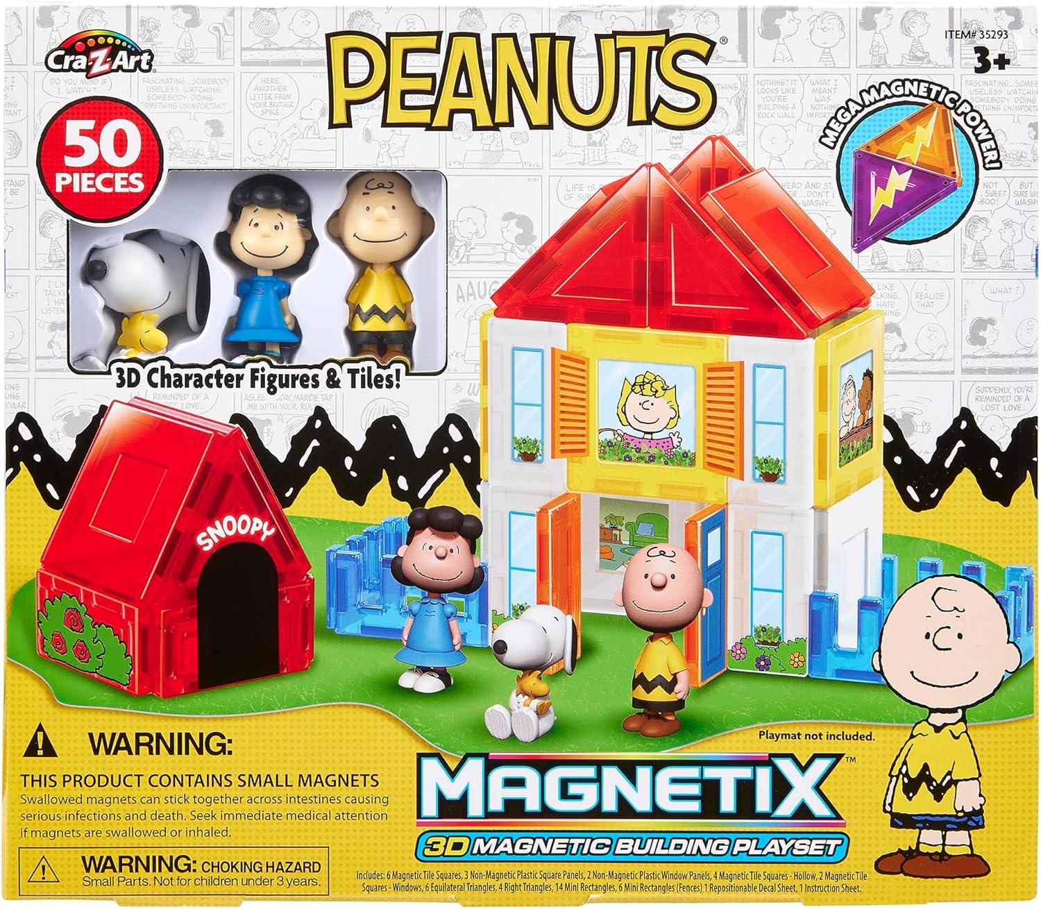 Cra-Z-Art Magnetix 3D Peanuts Charlie Brown and Friends Magnetic Building Tile Playset, Educational, STEM Toys for Ages 3+, 50 Pieces