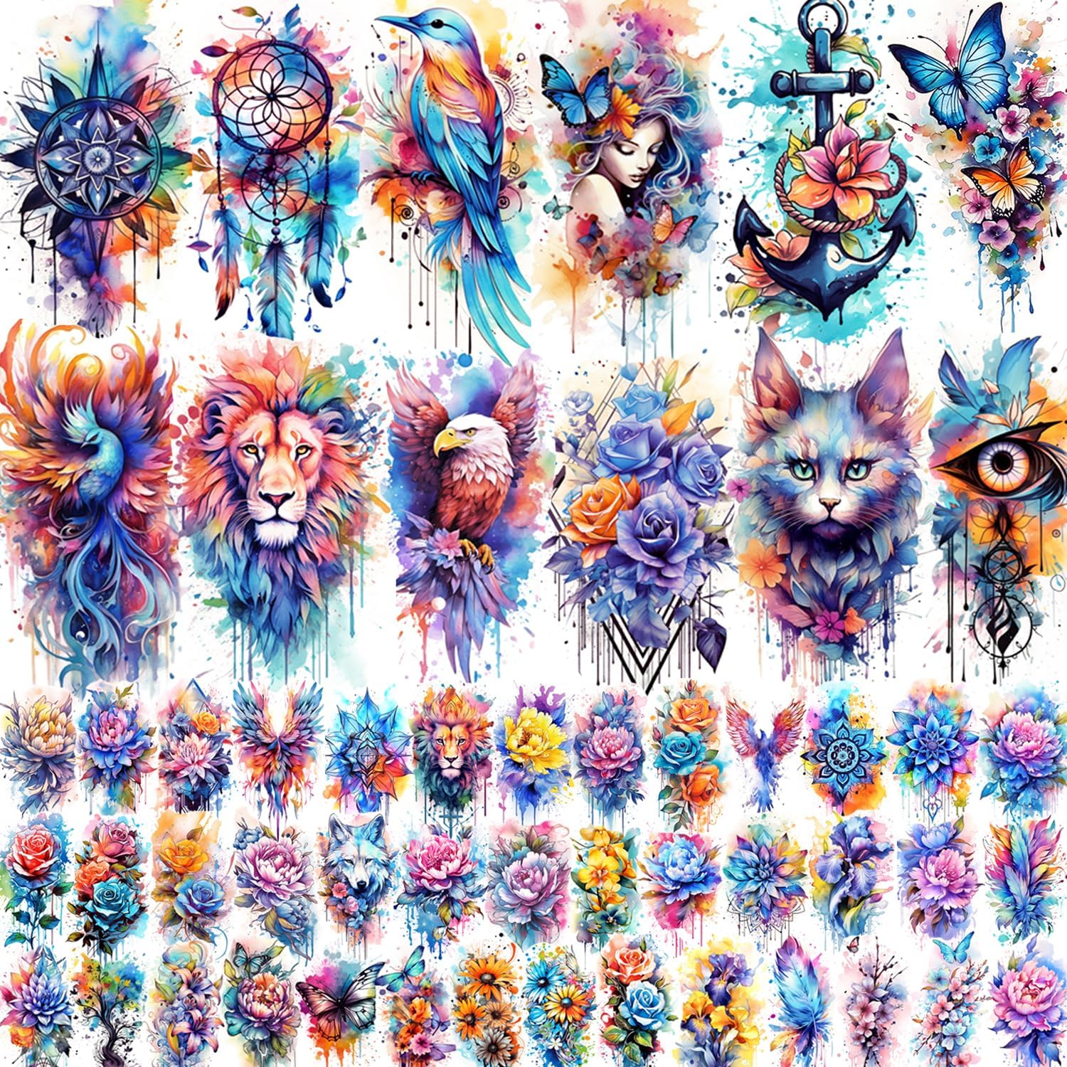 52 Watercolor Temporary Tattoos for Women Adults - Realistic 3D Floral Butterfly Phoenix Mandala Fake Tattoo Set, Waterproof Long Lasting Body Sticker for Parties Weddings (12 Large Tattoo Included)