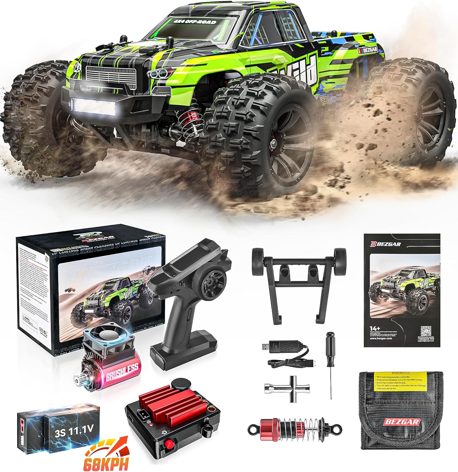 BEZGAR HP161S Brushless RC Car - 4X4 RTR remote control cars for Adults High Speed Max 68kph Off-Road RC Vehicle Monster Truck With 3S Battery, Toy Gifts for Boy Age 8-12 and Adults
