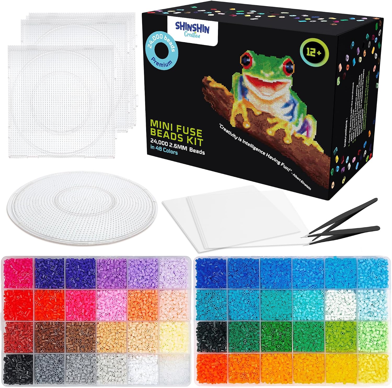 24,000 Mini Fuse Beads Kit - Tiny 2.6mm, 48 Colors, 5 Pegboards, Pixel Art