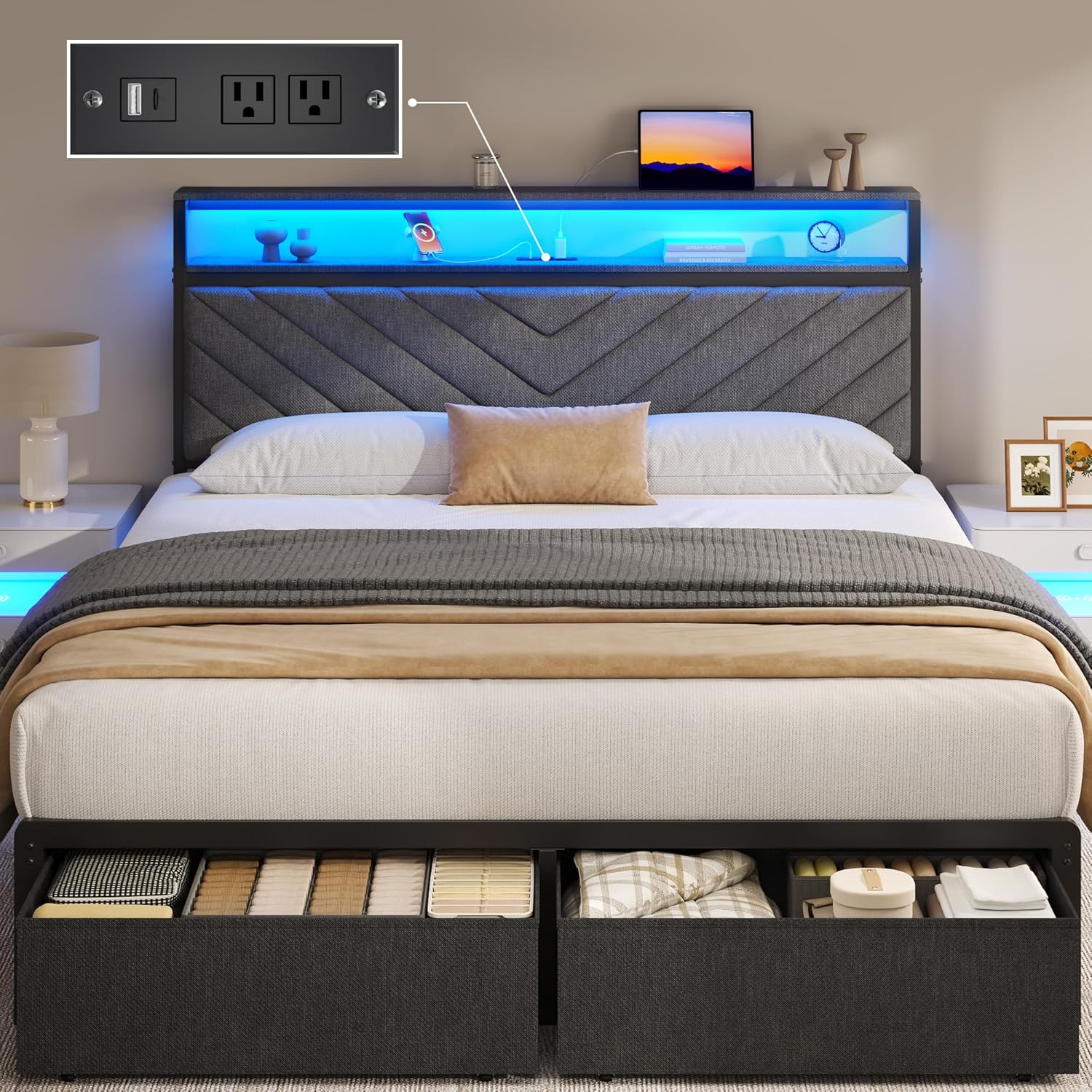 Queen Bed Frame with Storage Drawers, Upholstered Headboard with Charging Station, LED Lights, Fabric Drawers with Wheels, Under Bed Storage, No Box Spring Needed, Easy Assembly, Grey