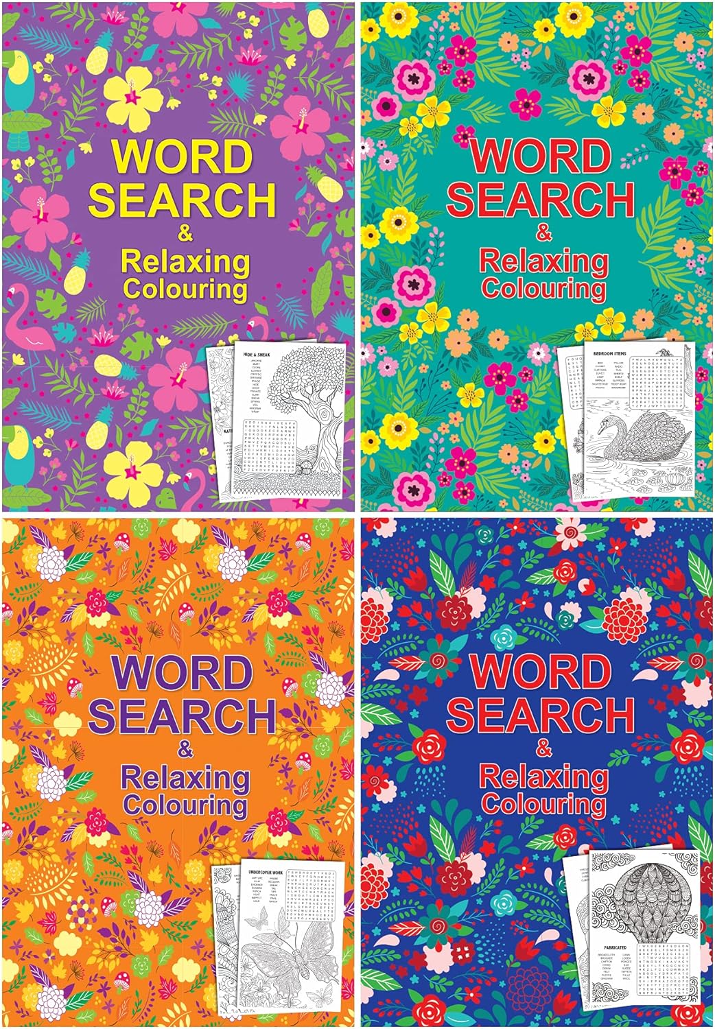 W.F. Graham 2-in-1 Word Search and Relaxing Antistress Adult Colouring Books, 14.5x21cm, Set of 4 Word Search/Coloring Books in Assorted Art Pattern Designs