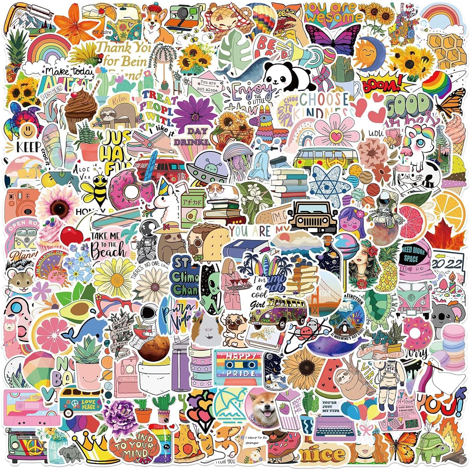 200 Pcs Cute Preppy Waterprof Vinyl Stickers Sticker Packs for Suitcase Guitar Water Bottle Laptop Guitar Phone Case Kindle MacBook Scrapbook Scrapbooking Journal Adults