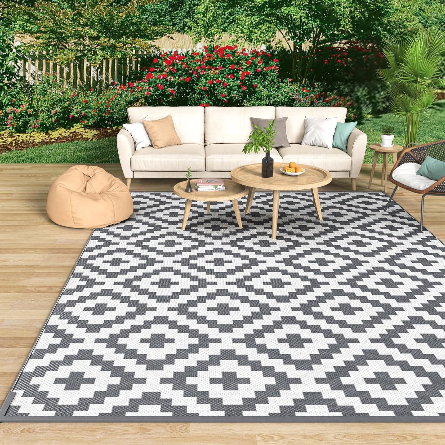 MOKANI Outdoor Rug for Patios Waterproof, Anti-slip Plastic Straw Garden Mat Carpet UV Resistant Indoor Area Rugs for Camping, Deck, Beach, Picnic, Backyard (120x180cm, Grey & White)