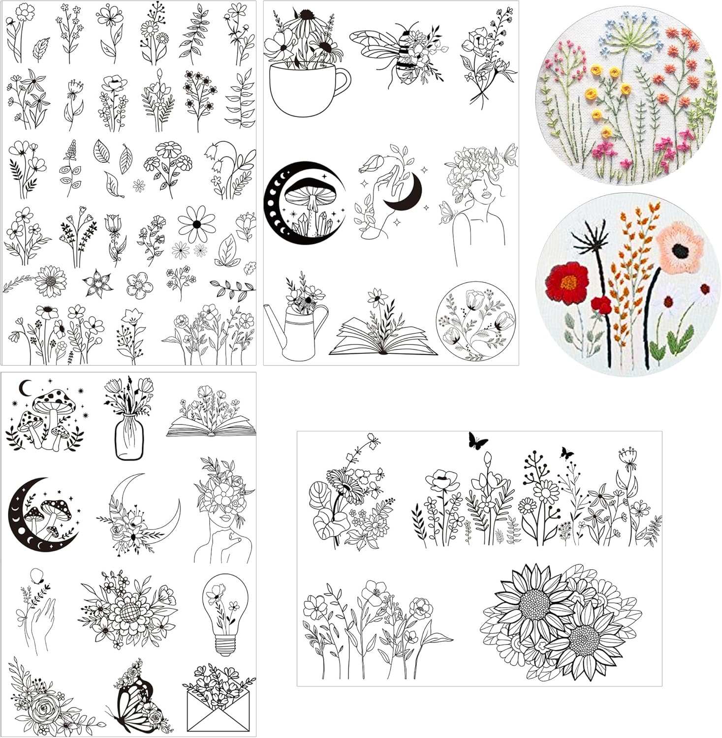 Water Soluble Embroidery Patterns - 4 Sheet Stick & Stitch Embroidery Paper Wash Away, Water Soluble Stabilizer for Embroidery, Mushroom Moon Butterfly Designs, Suprise for Hand Sewing Lover