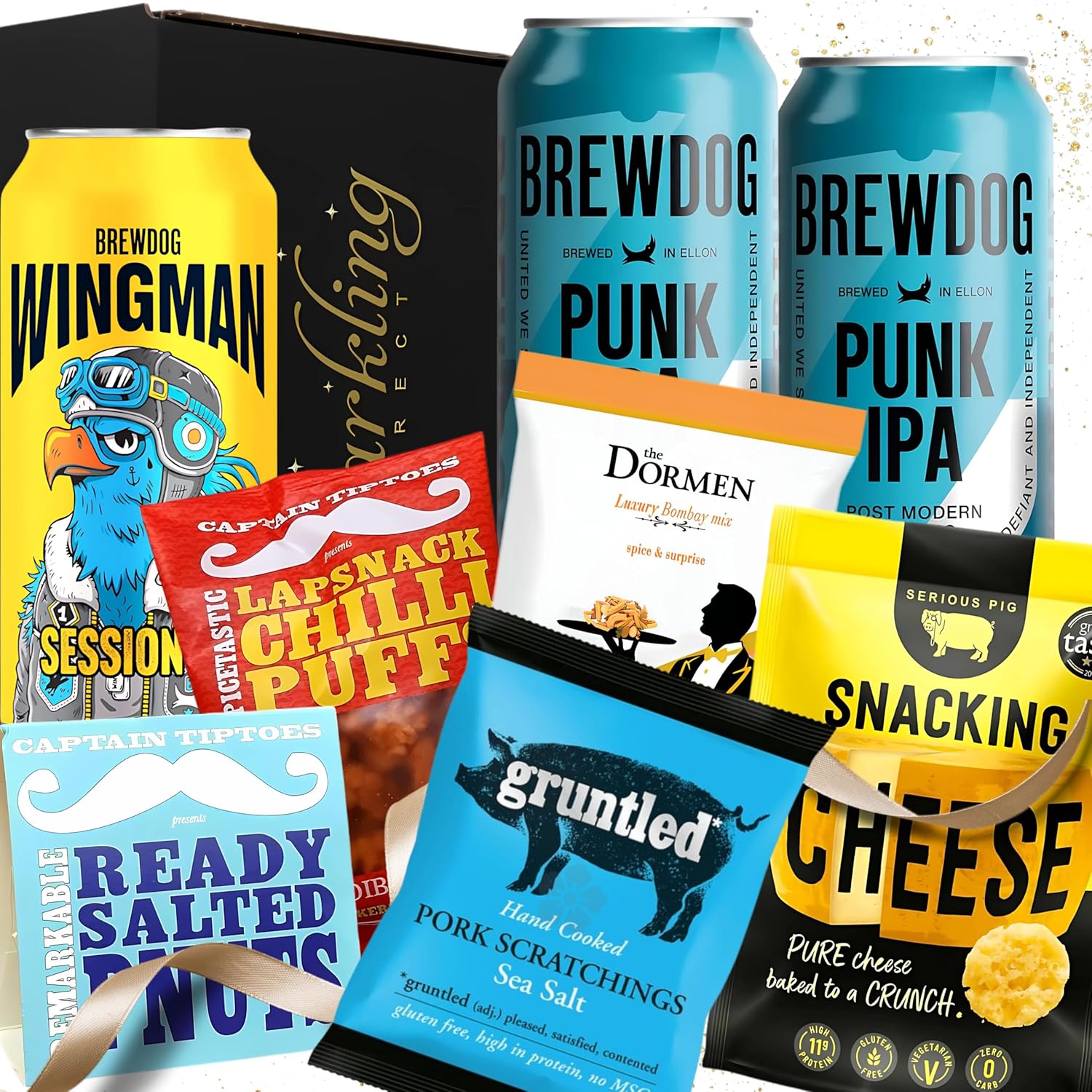 Beer Snacks Gift Set for Men – 3 BrewDog Cans with Pork Scratchings, Cheese, Nuts, Chilli Puffs & Pub Mix – Ultimate Beer Hamper, Pub Snacks Box, Gift Idea for Birthdays, Thank You or Father’s Day