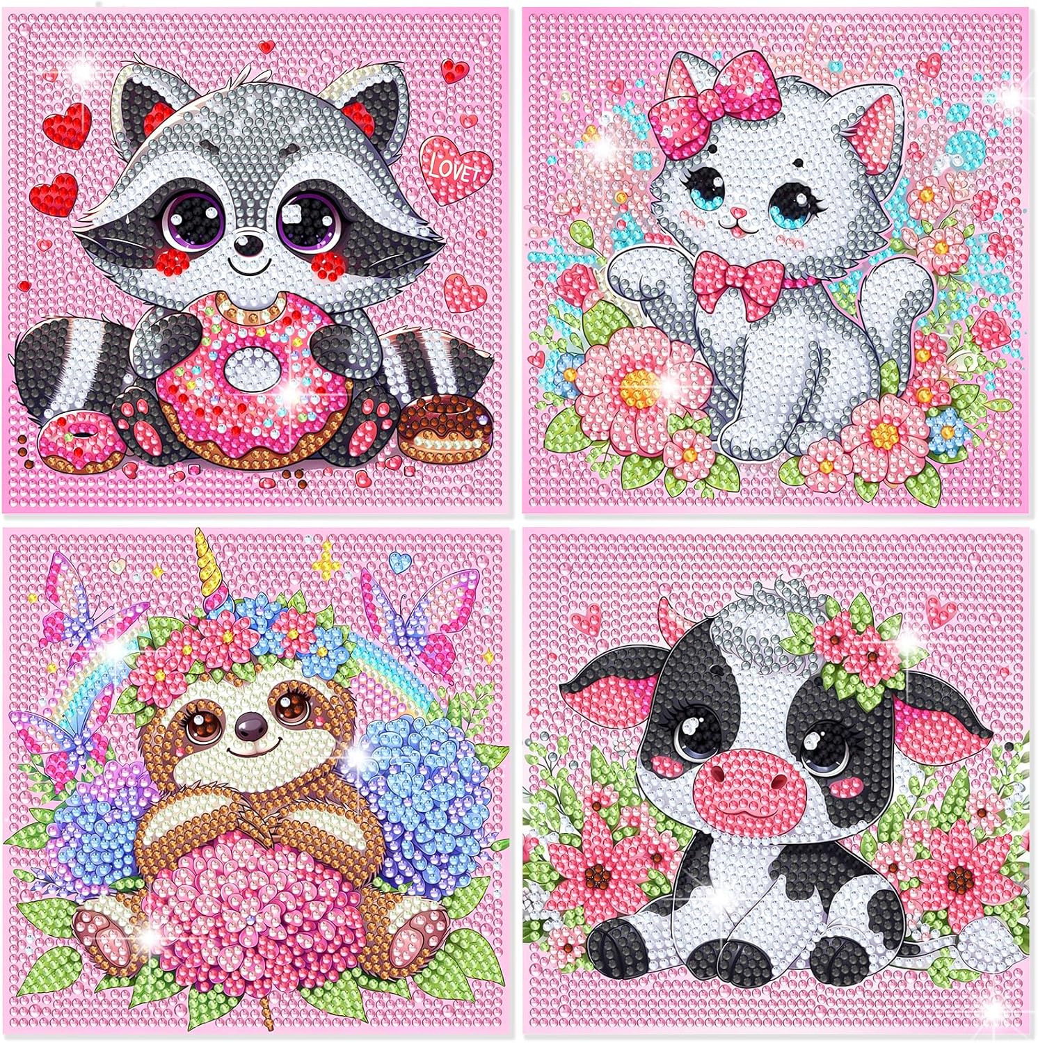 Diamond Art Kits for Kids, 4 Pieces Cartoon Animals Diamond Painting Kits for Adults Beginner, 5D Full Round Drill Gem Art Arts and Crafts for Kid Mosaic Kits for Gift Home Wall Decor Kids 6X6 inch
