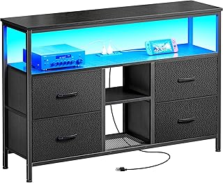 Huuger TV Stand Dresser with Power Outlets and LED Lights, 4 Drawers Entertainment Center with Open Shelf, Media Console for 50 43 Inch TV, Dresser with PU Finish, Black
