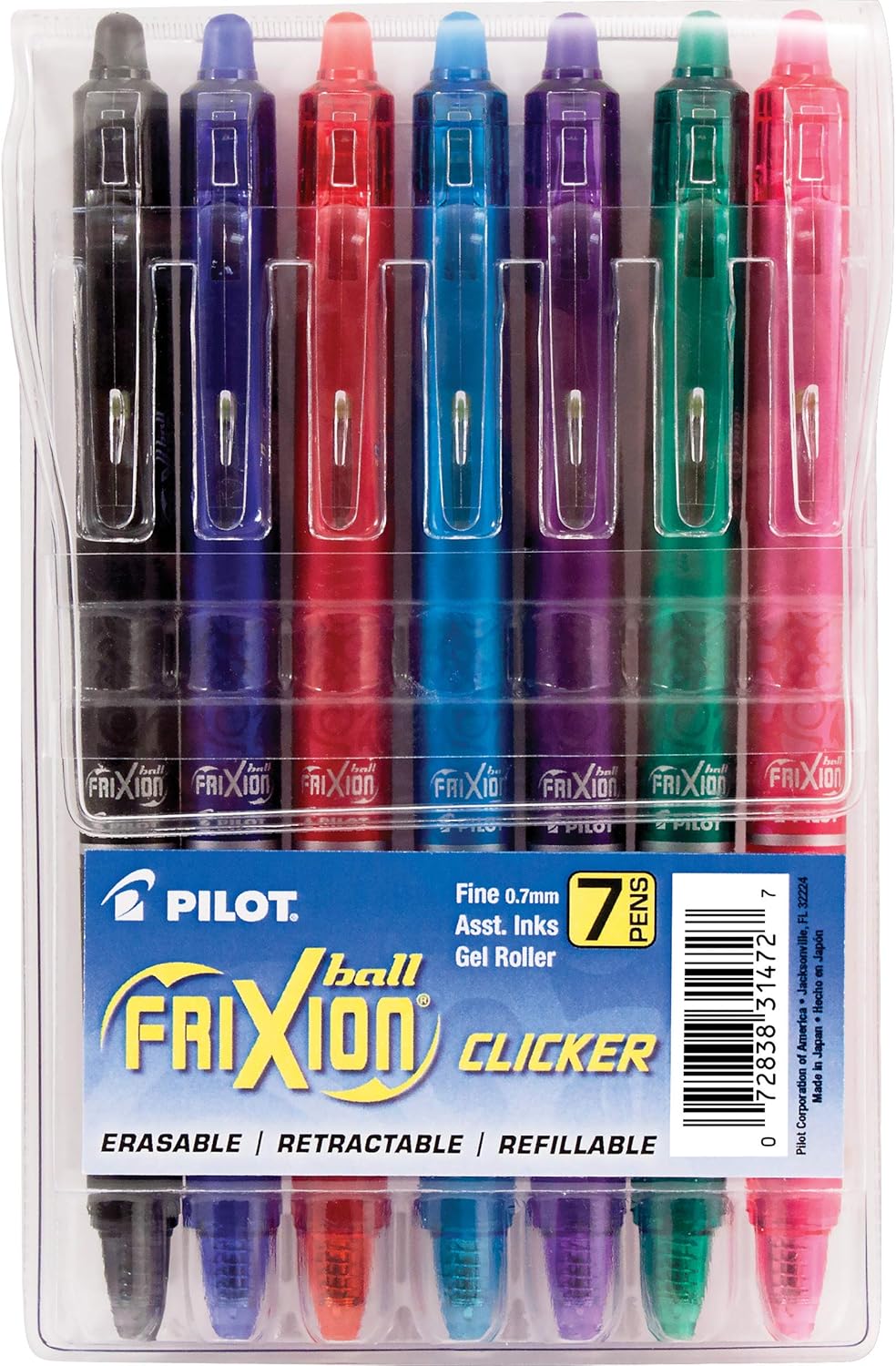 PILOT FriXion Clicker Erasable, Refillable & Retractable Gel Ink Pens, Fine Point, Assorted Color Inks, 7-Pack Pouch (31472)