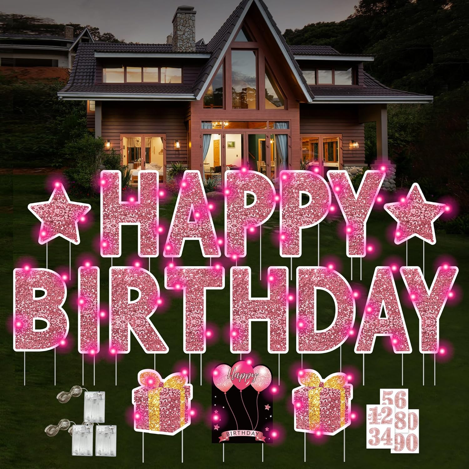 Happy Birthday Yard Sign with Stakes - 18 Pcs Happy Birthday Yard Sign, 3 Pcs LED Lights, Personalized Age Happy Birthday Sign, 16 Inches Waterproof Birthday Yard Lawn Party Decoration (Pink)