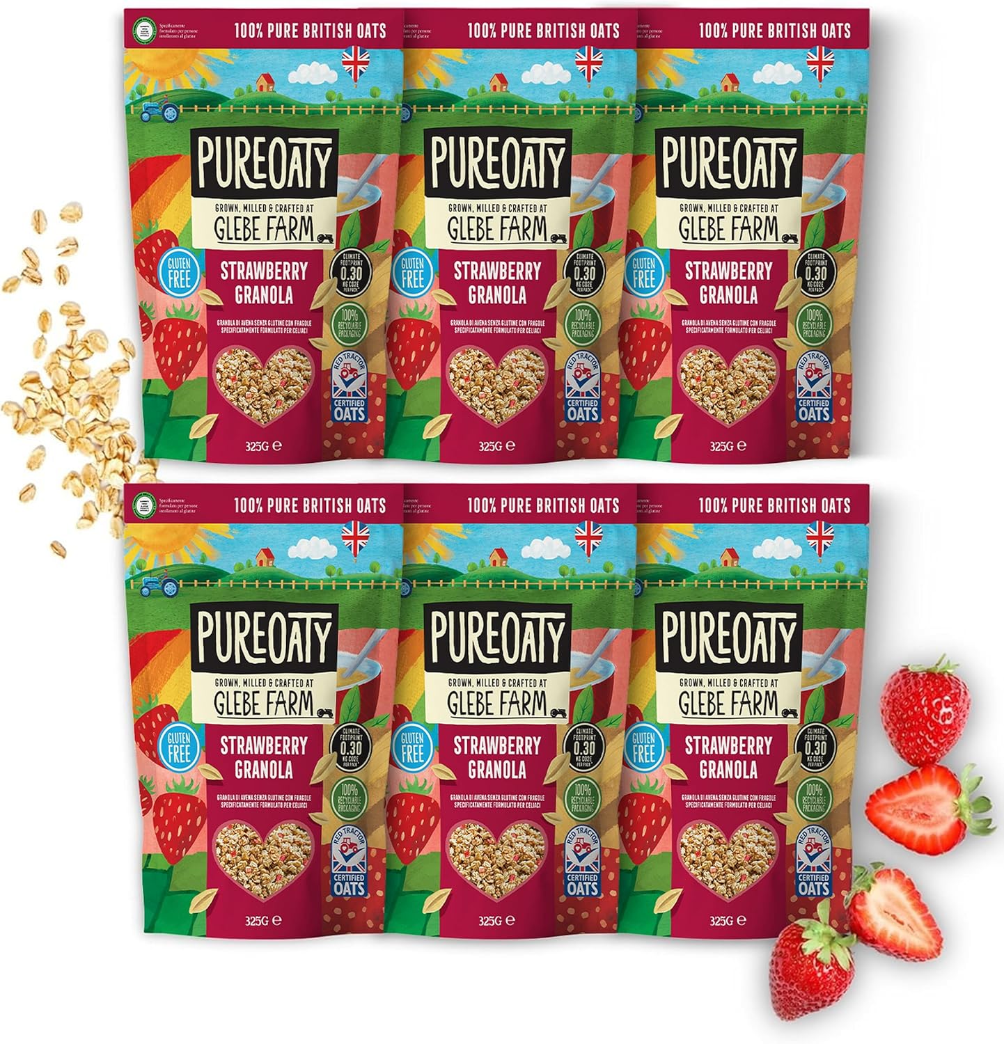 Glebe Farm Gluten Free PureOaty Strawberry Oat Granola 6PK, Healthy Wholegrain Oats To Help Lower Cholesterol, 100% British Oats, Vegan & High In Fibre, Delicious Granola Cereal, 6x 325g