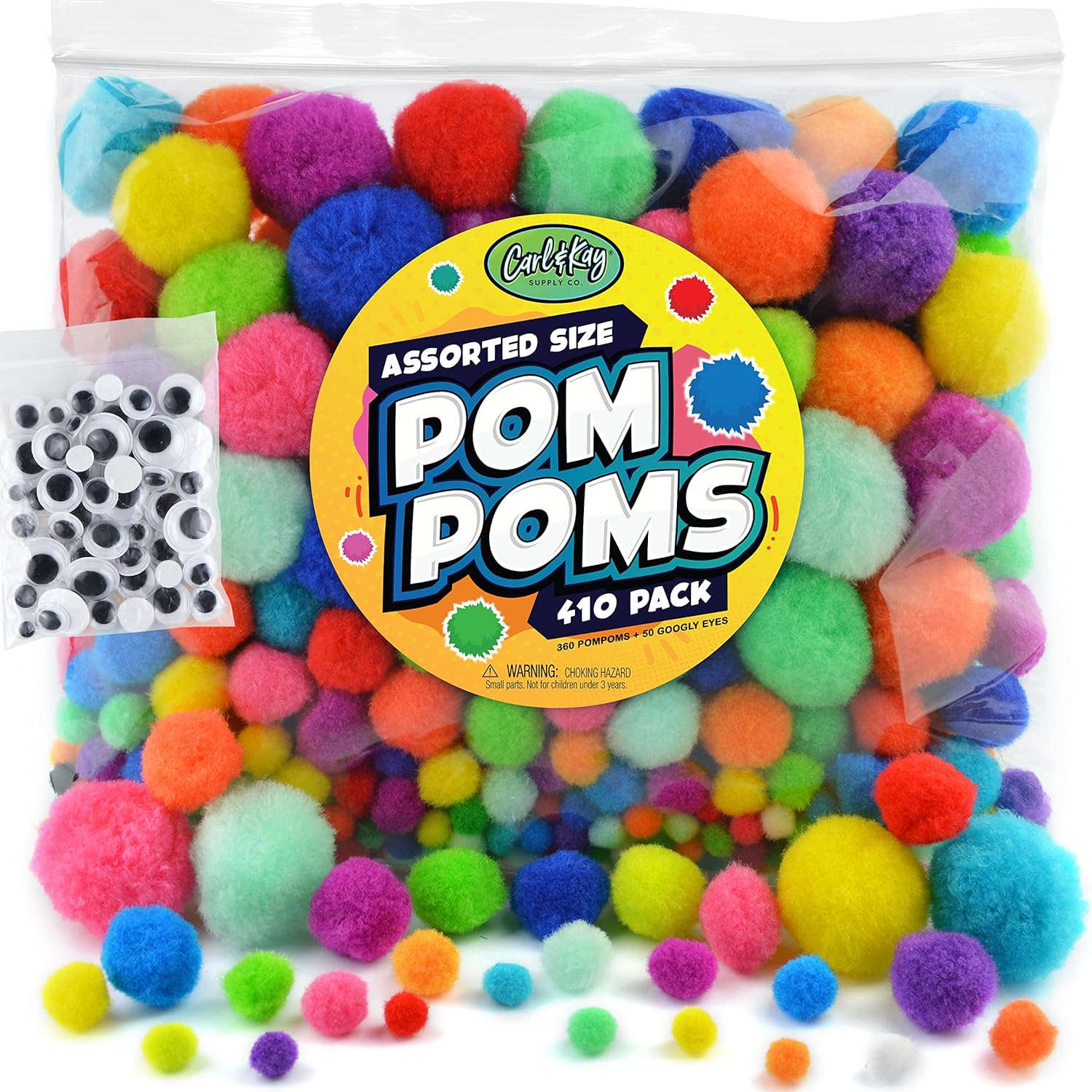 410 Pieces - Jumbo Pom Poms Balls for Craft Supplies - 360 Assorted Large and Small Colored Fuzzy Pompoms with 50 Googly Eyes