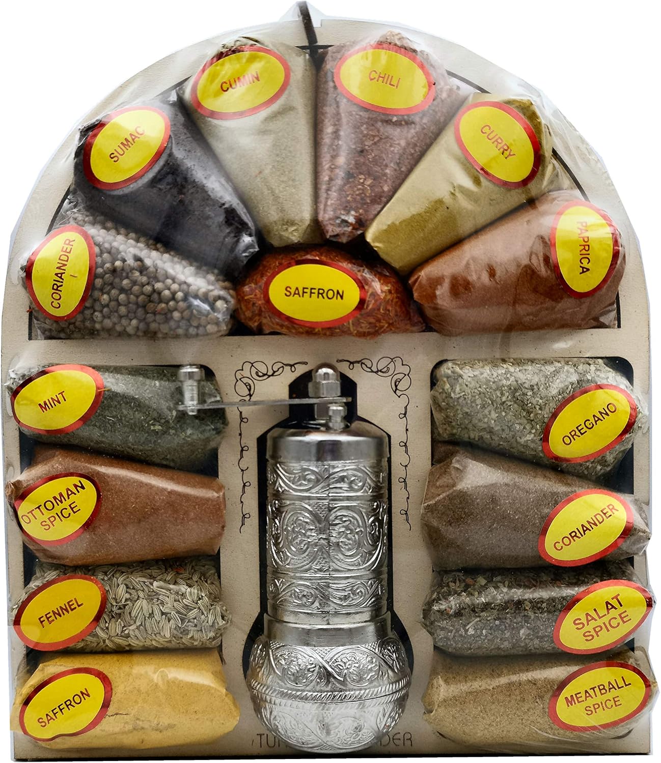 Oriental Spice Mix Gift Set in Wooden Box with Grinder Ottoman Turkish Seasoning Herbs Flavours Arabian Asian Kitchen Starter Kit (Big Spice and Herb with Grinder)