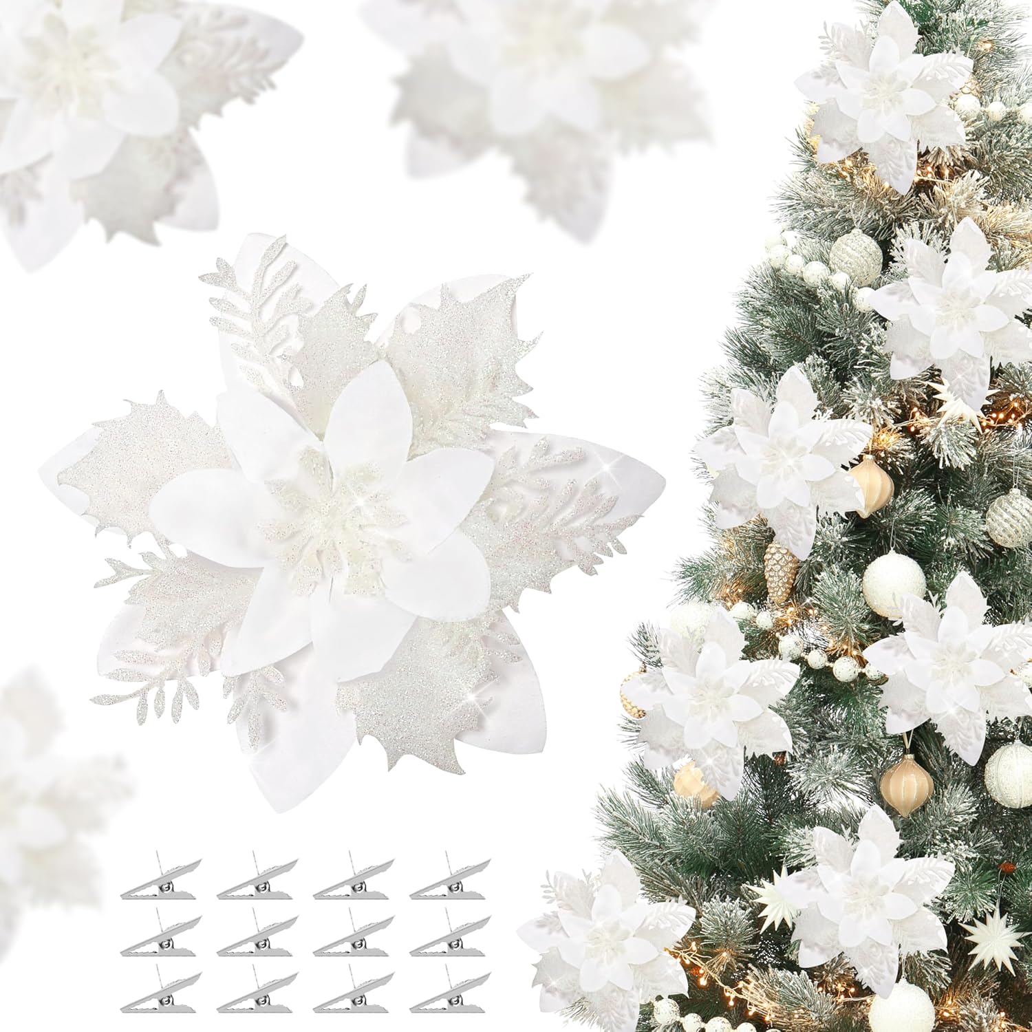 OCTERIC 36 Pcs Christmas Glitter Poinsettia Flowers Artificial Ornaments Fake Flowers Christmas Decorations Glitzy Poinsettia with Clips Christmas Decor for Xmas Tree Wreaths Ornaments (White)
