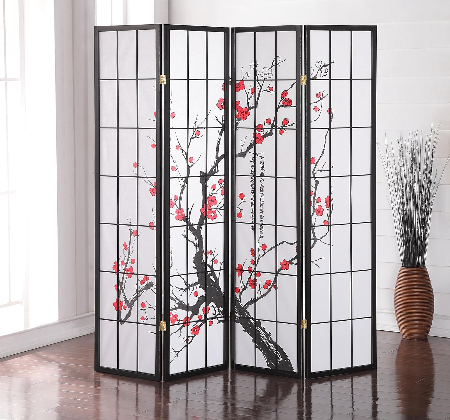 Roundhill Furniture Black Japanese 4-Panel Screen Room Divider, Plum Blossom